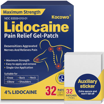 Kocowo 4% Lidocaine Maximum Strength Pain Relief Gel Patches with Auxiliary Patches for Neck Back Knee Joint Ache Muscle Soreness, 3.9” x 5.5”, 32-Count Box, NDC：83559-010-01 Kocowo uk supplements