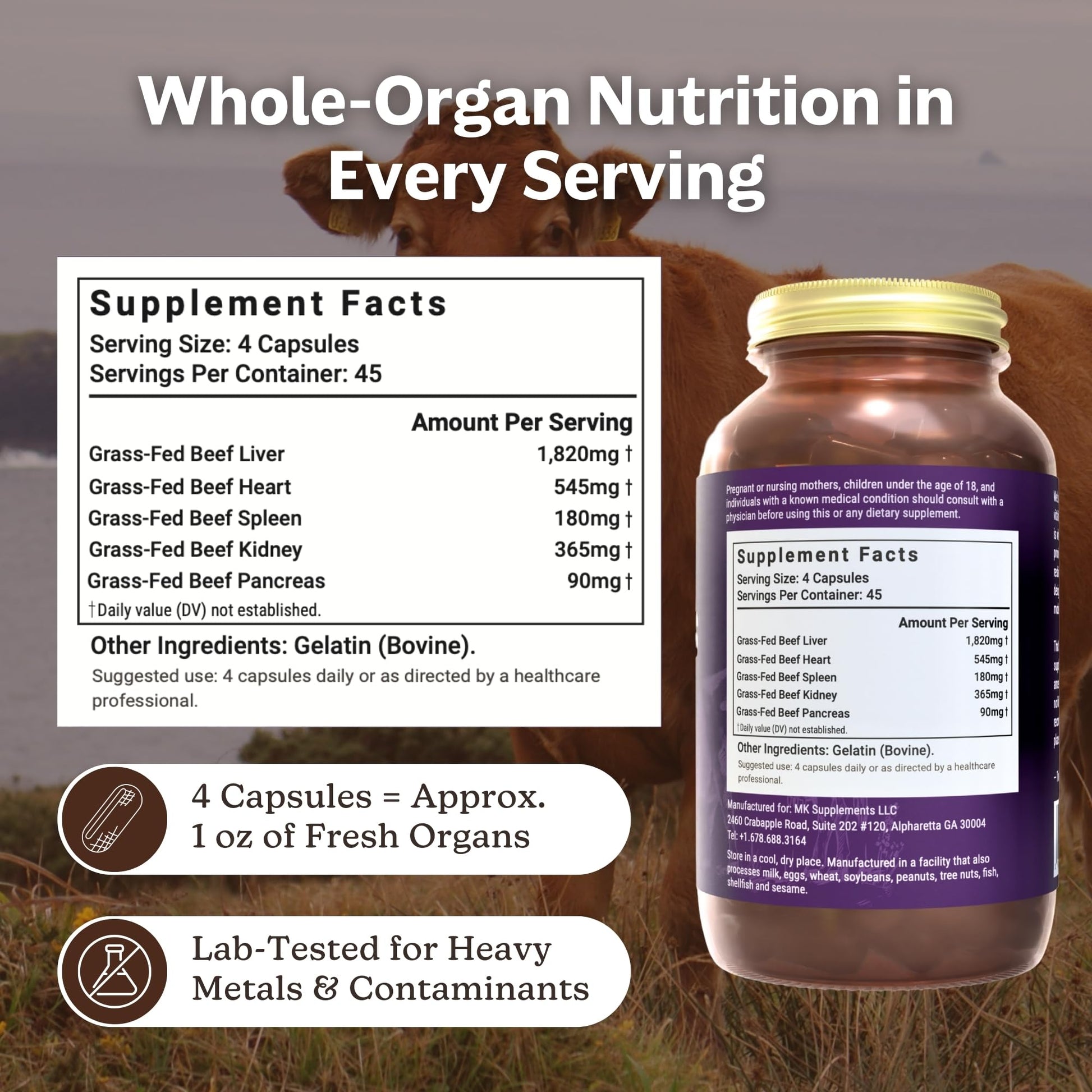 MK Supplements Grass-Fed Beef Organs Capsules | 5 Organs in Nature-Identical Ratios | B12, Copper & Heme Iron | Regeneratively Raised | 150 Capsules MK Supplements uk supplements