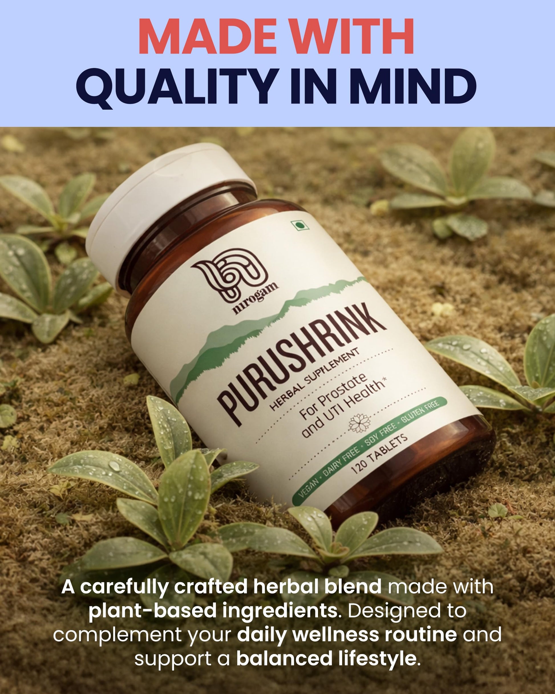 Nirogam Purushrink - BPH Prostate Supplement for Men, Supports Better Sleep & Urinary Health - Natural Ayurvedic Herbal Supplement 120 Tablets - Vegan, Dairy Free, Gluten Free Nirogam uk supplements