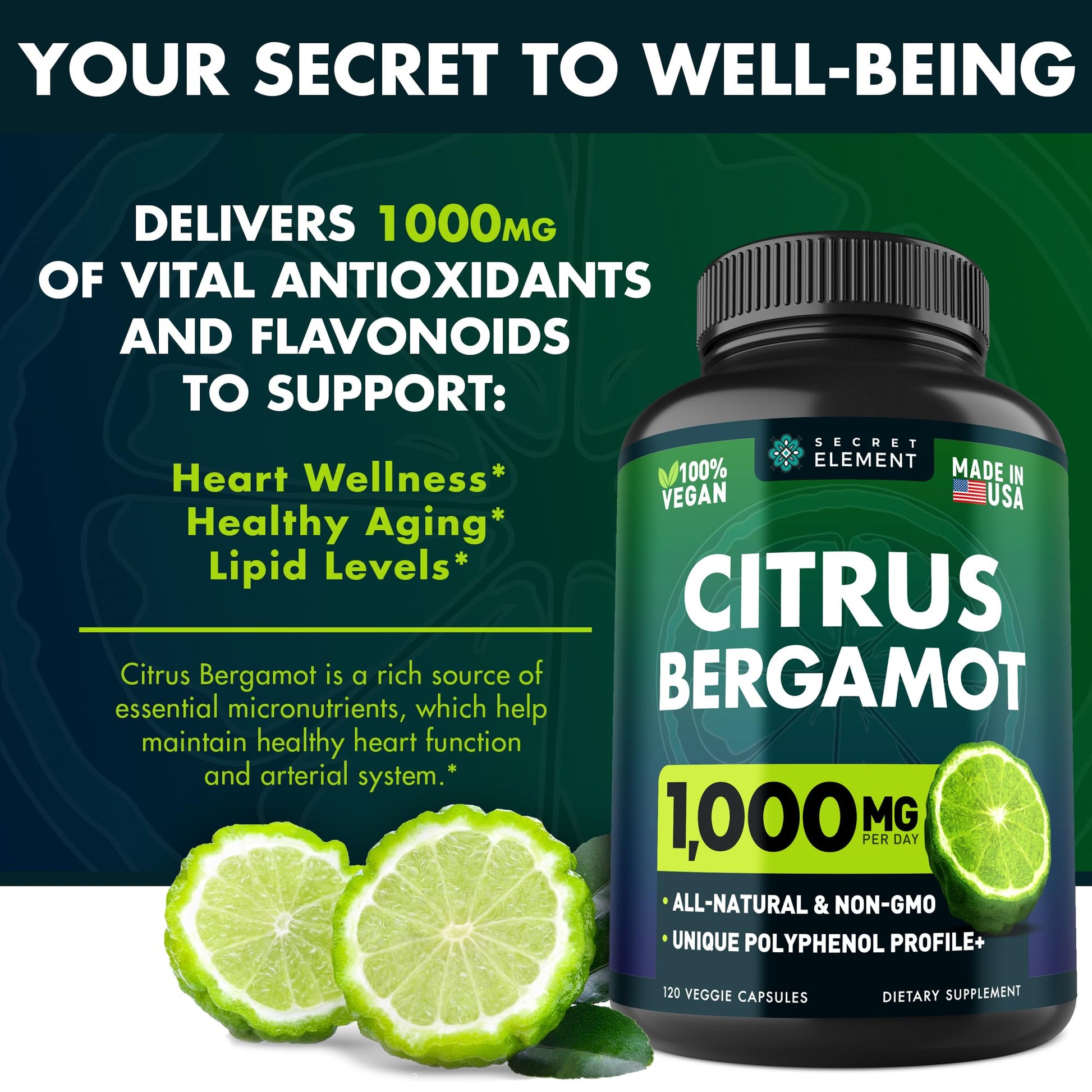 Citrus Bergamot Extract 1000mg - Citrus Bergamot Supplement for Heart, Immune System Secret Element uk supplements