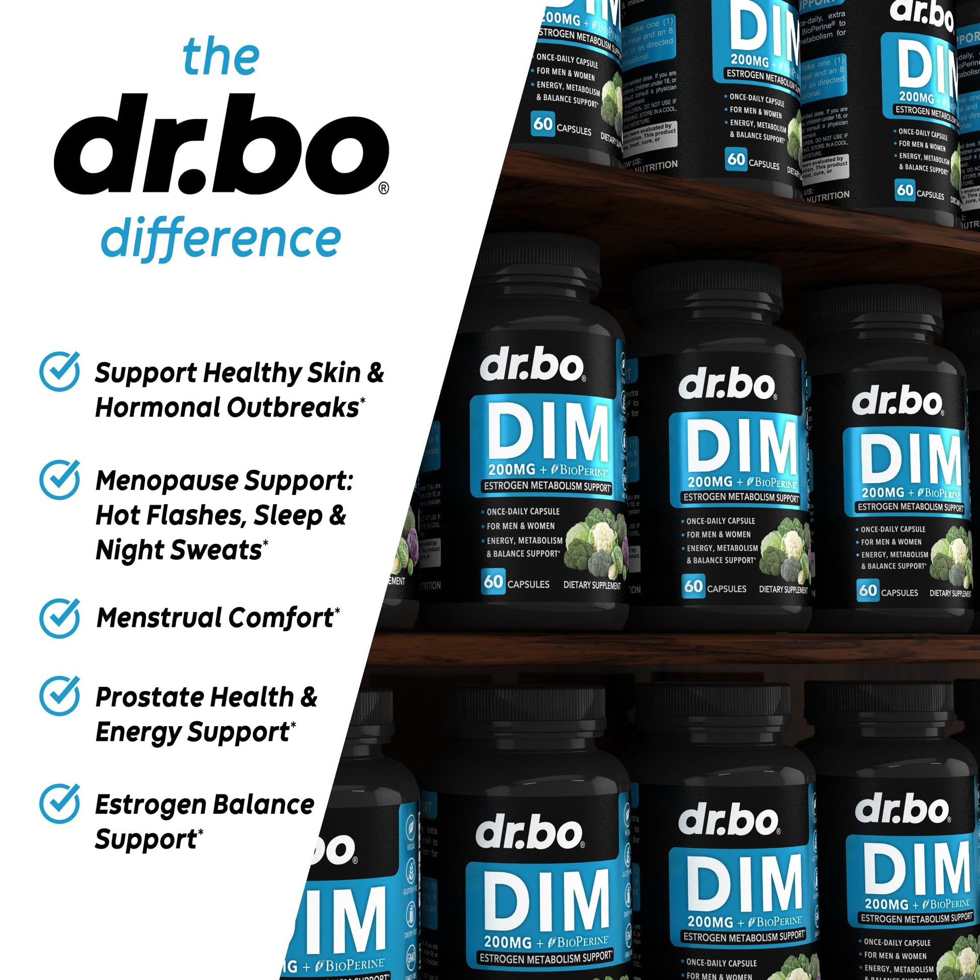 DIM Supplement for Women & Men 200mg - Androgen Estrogen Blocker for Men & Women, Hormonal Acne Pills, Hormone Balance, Menopause Support, Diindolylmethane DIM Supplement Plus BioPerine - 60 Capsules DR. BO uk supplements