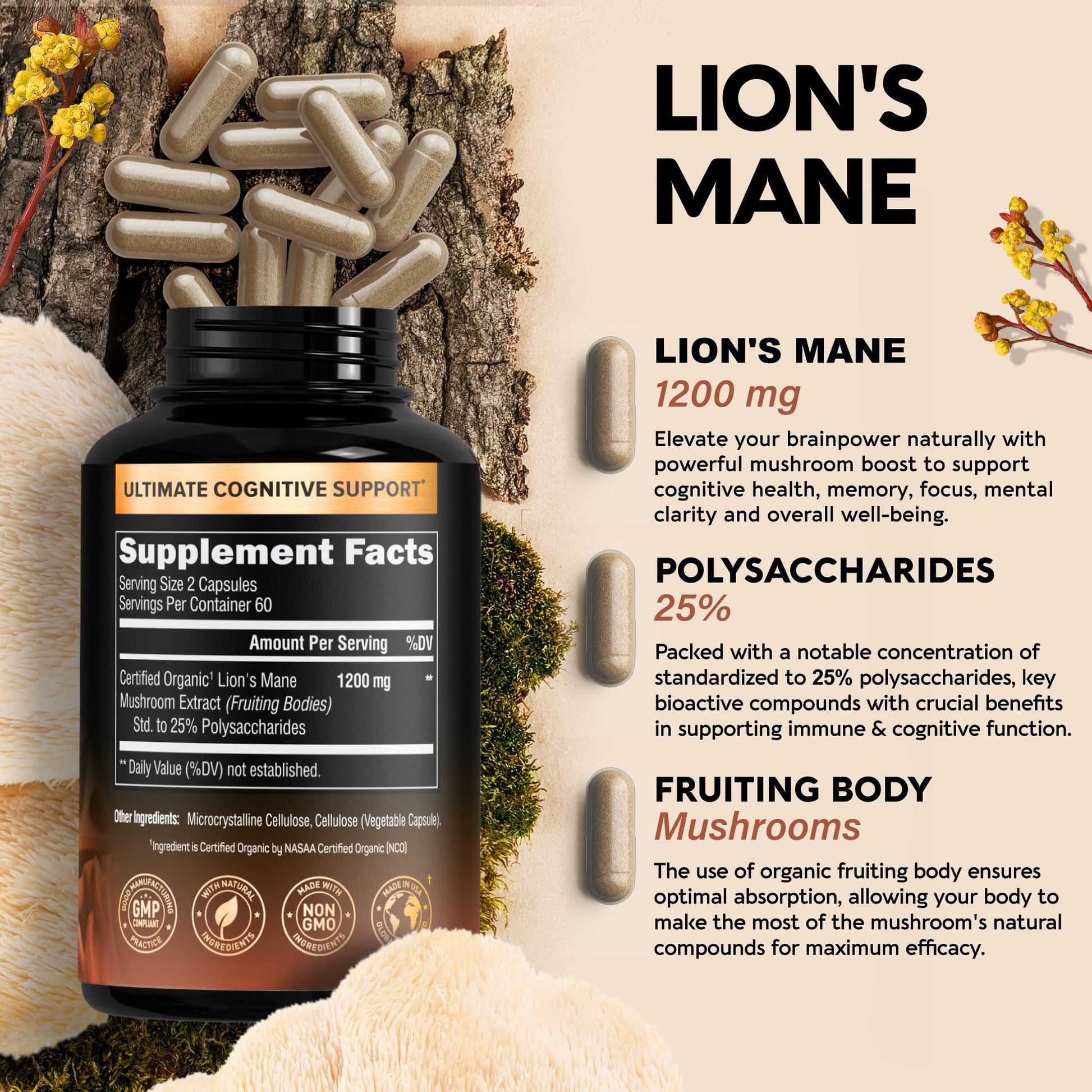 Organic Lions Mane - Certified Mushroom Supplement - Made in USA - Fruiting Bodies NUTRAHARMONY uk supplements