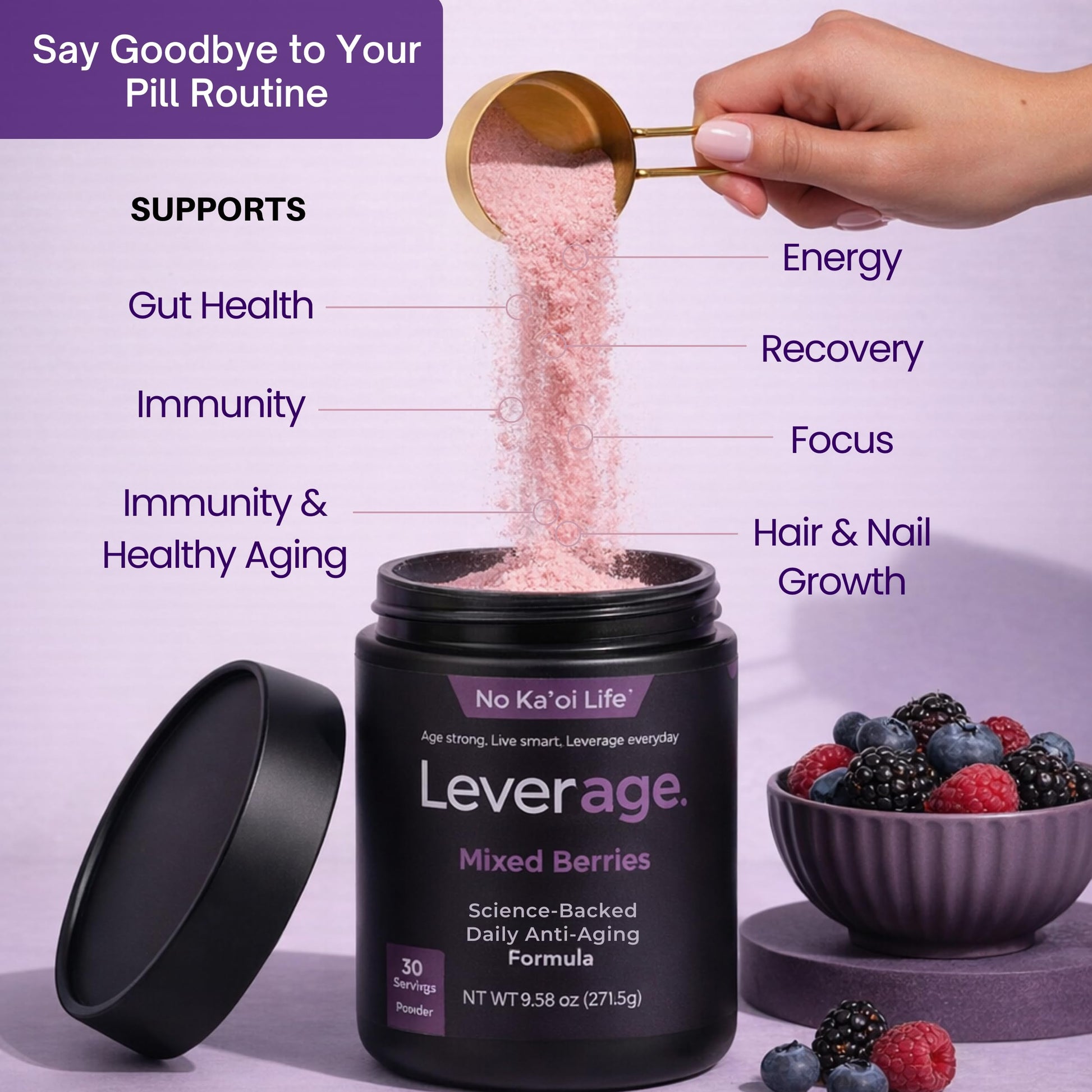 Leverage Mixed Berries Anti–Aging Supplement & Longevity Mix - Daily Wellness Multivitamin Powder with Hyaluronic Acid, L-Glycine & Magnesium for Skin, Energy, Cognitive Function & Joint–30 Servings Leverage uk supplements