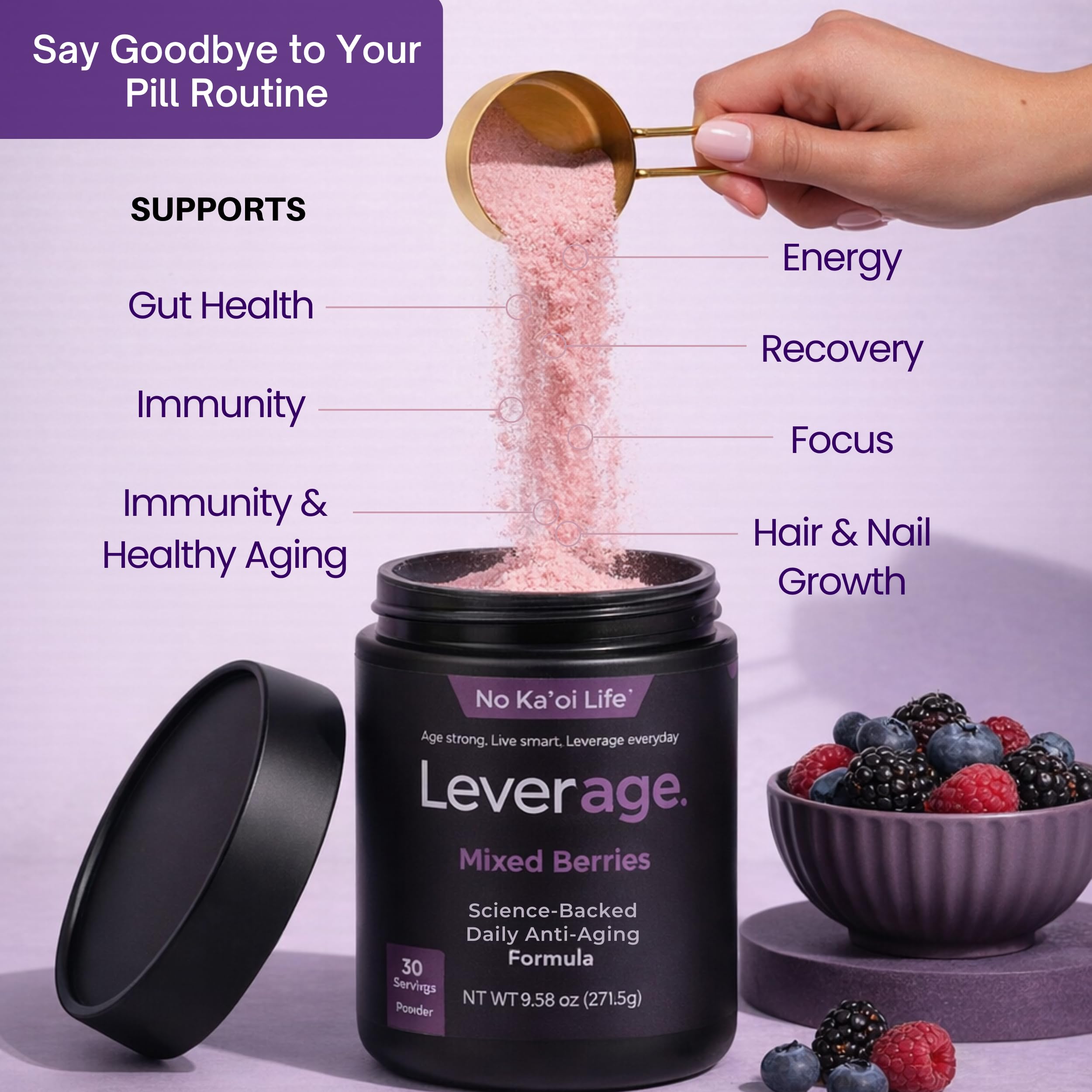 Leverage Mixed Berries Anti–Aging Supplement & Longevity Mix - Daily Wellness Multivitamin Powder with Hyaluronic Acid, L-Glycine & Magnesium for Skin, Energy, Cognitive Function & Joint–30 Servings Leverage uk supplements
