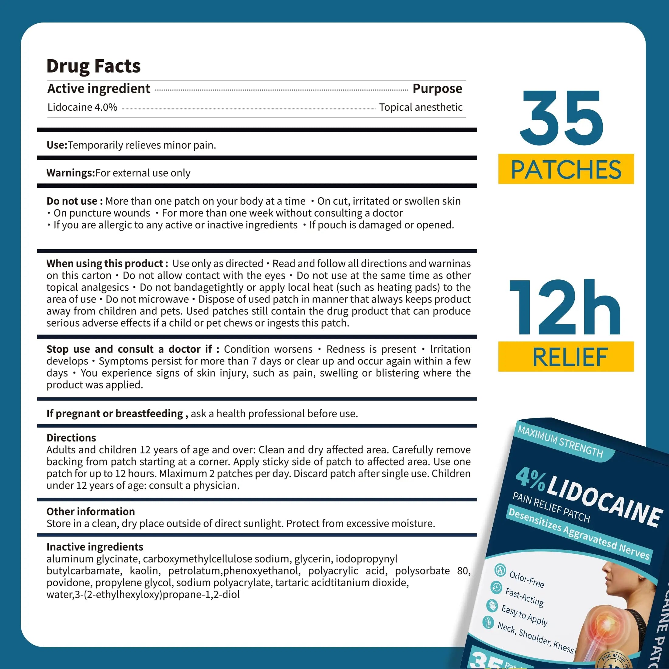 SZLGANG 4% Lidocaine Pain Relief Patches - (Large, 35, Count) Maximum Strength Relief for Back, Neck, Shoulder, Joint & Muscle Pain, 3.9”x 5.5”-03277 SZLGANG uk supplements