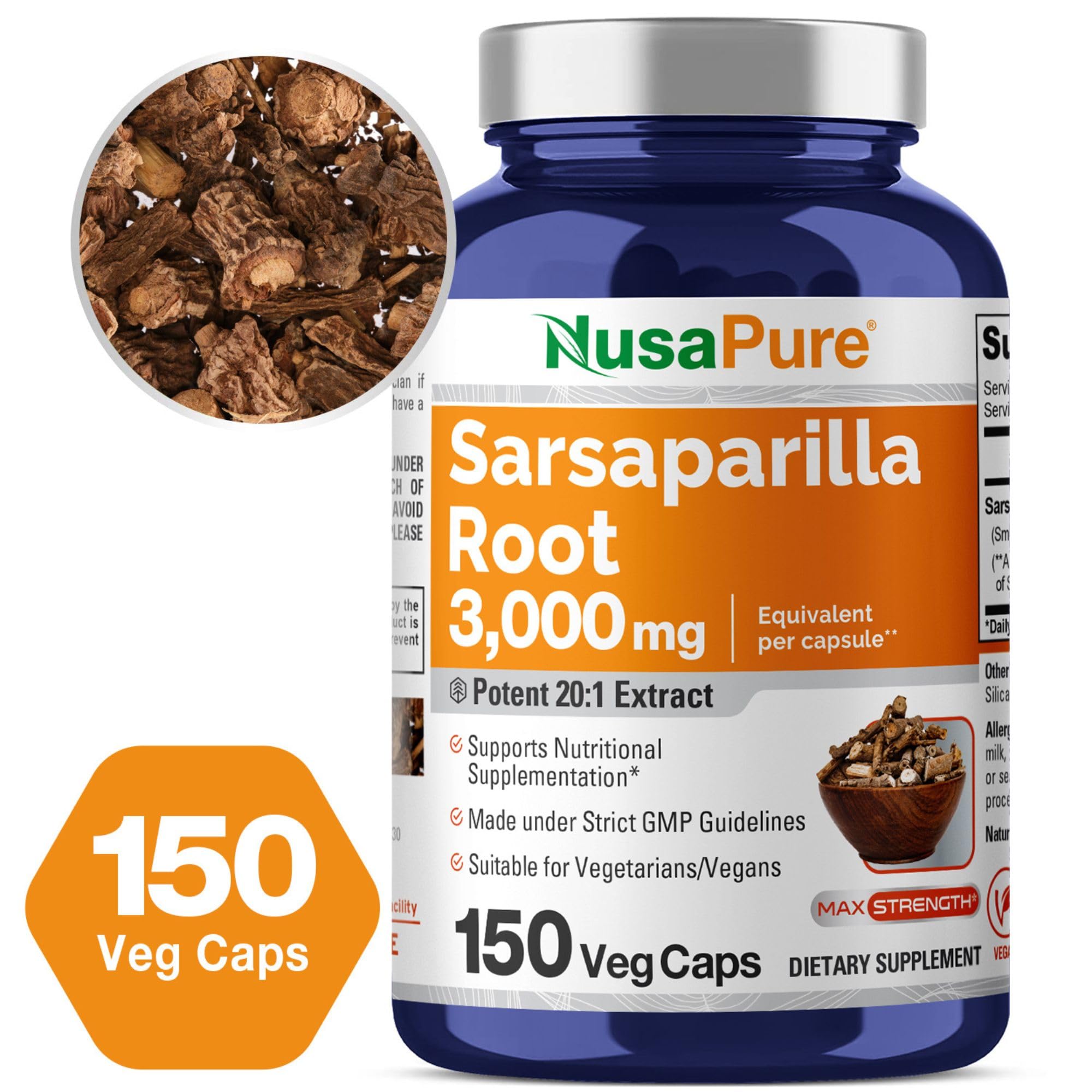 NusaPure Sarsaparilla Root 20:1 Extract - Suitable for Vegetarian/Vegan, Non - GMO - 3000 mg - 150 Capsules NusaPure uk supplements