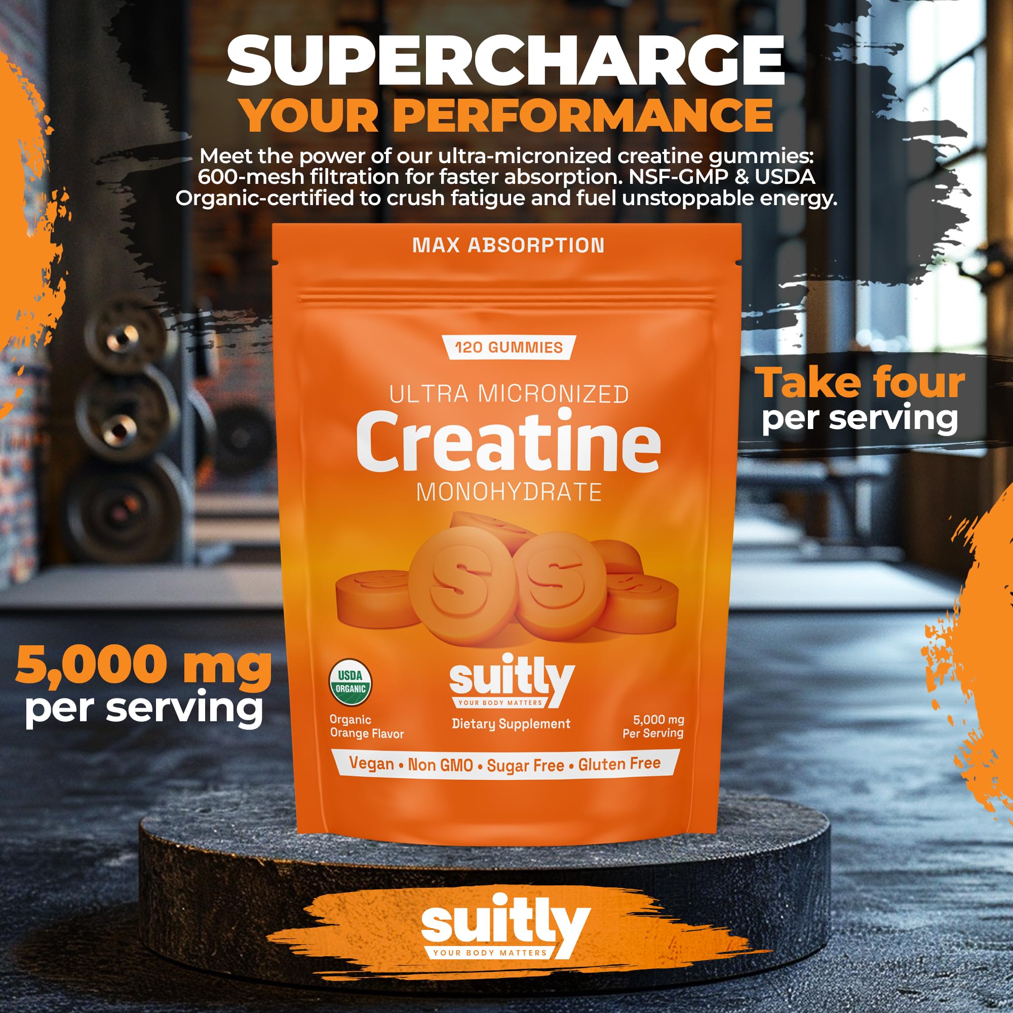 USDA Organic Ultra-Micronized Creatine Gummies for Men & Women; Orange Max Absorption 5g Creatine Gummies Sugar Free for Muscle Gain, Energy & Recovery; Muscle Builder for Women with Pouch - 120 Count Suitly uk supplements