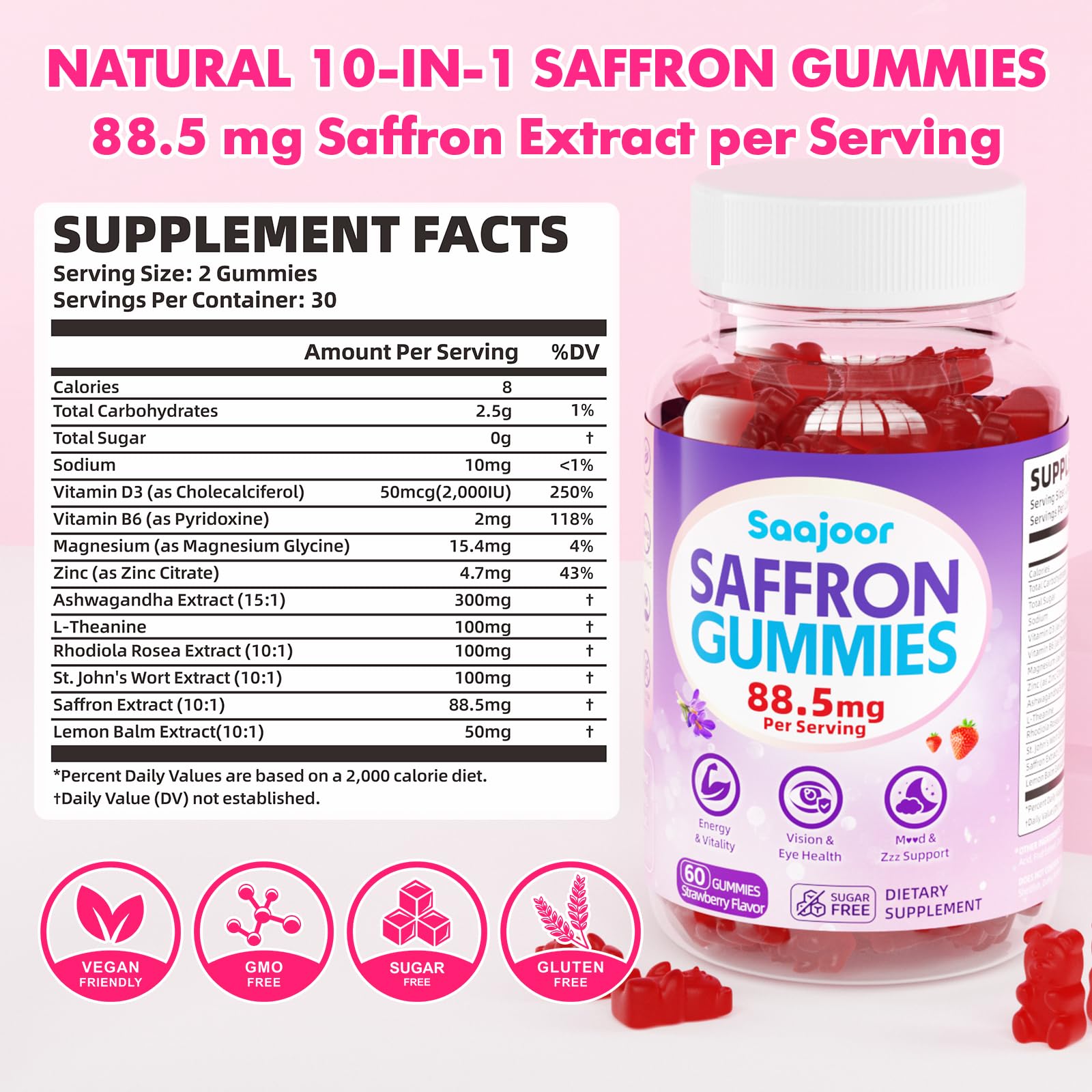 Saffron Gummies for Adult Kids - with Saffron 88.5mg, Vitamins D3 & B6, Magnesium, Zinc, Ashwagandha, L - Theanine, St. John's Wort - Supports Mood & Focus, Strawberry Flavor, 120 Count Saajoor uk supplements