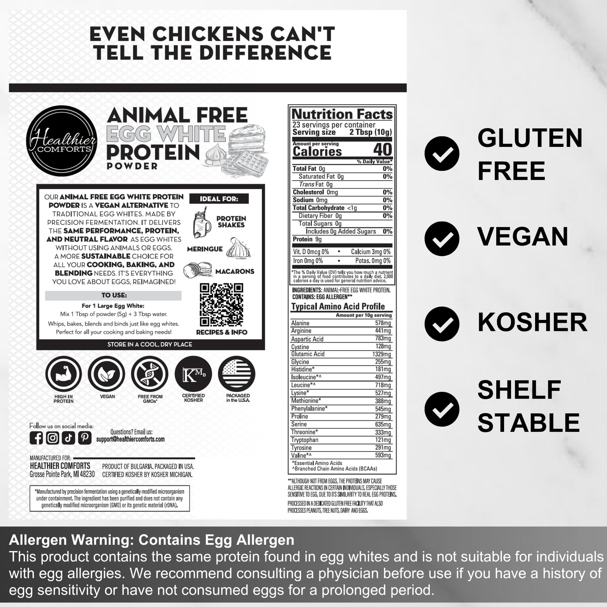 Healthier Comforts Animal-Free Egg White Protein Powder | Make Vegan Egg Omelets, Angel Food Cake, Meringue, Protein Shakes | Whips and Binds Just Like Traditional Egg Whites (8 oz) Healthier Comforts uk supplements