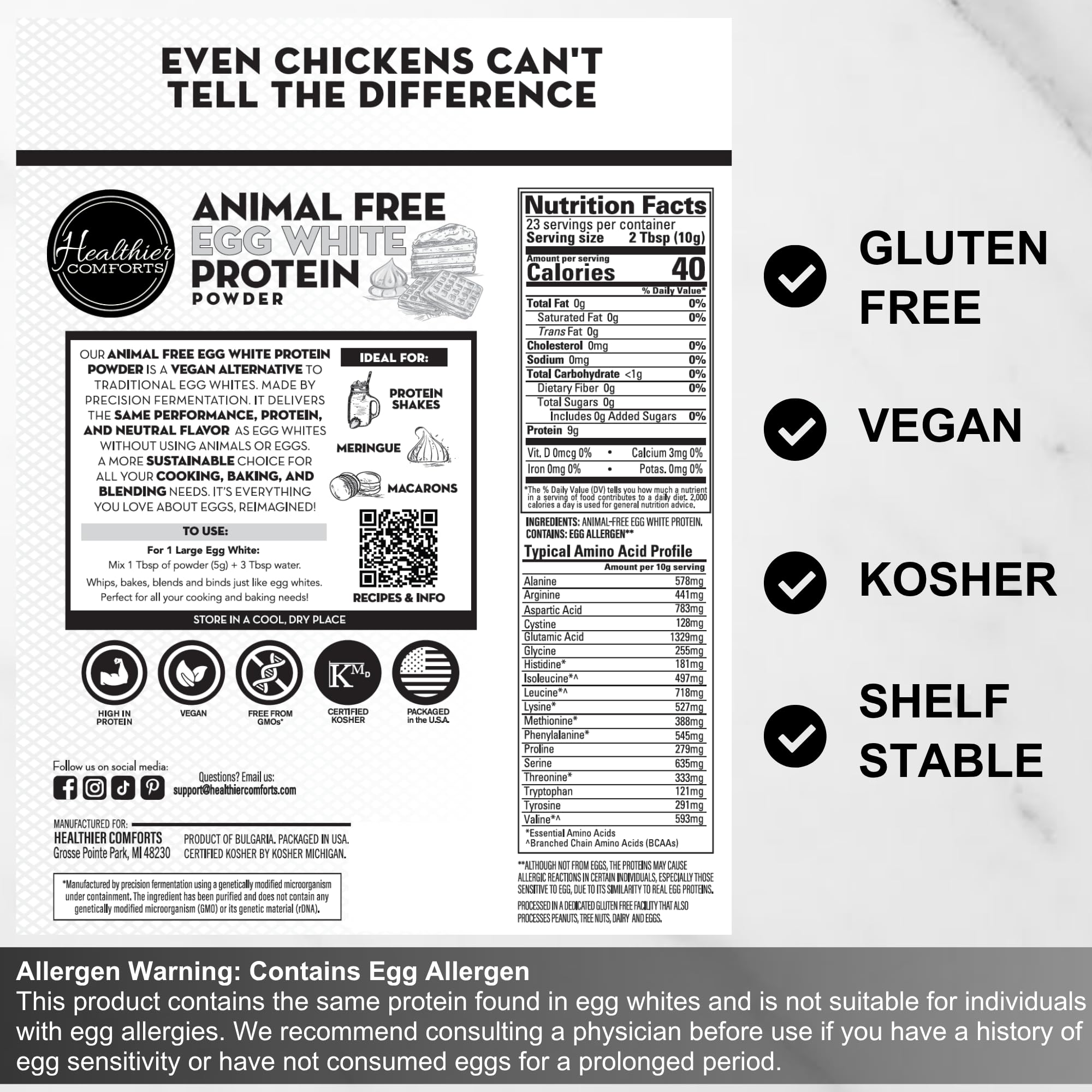 Healthier Comforts Animal-Free Egg White Protein Powder | Make Vegan Egg Omelets, Angel Food Cake, Meringue, Protein Shakes | Whips and Binds Just Like Traditional Egg Whites (8 oz) Healthier Comforts uk supplements