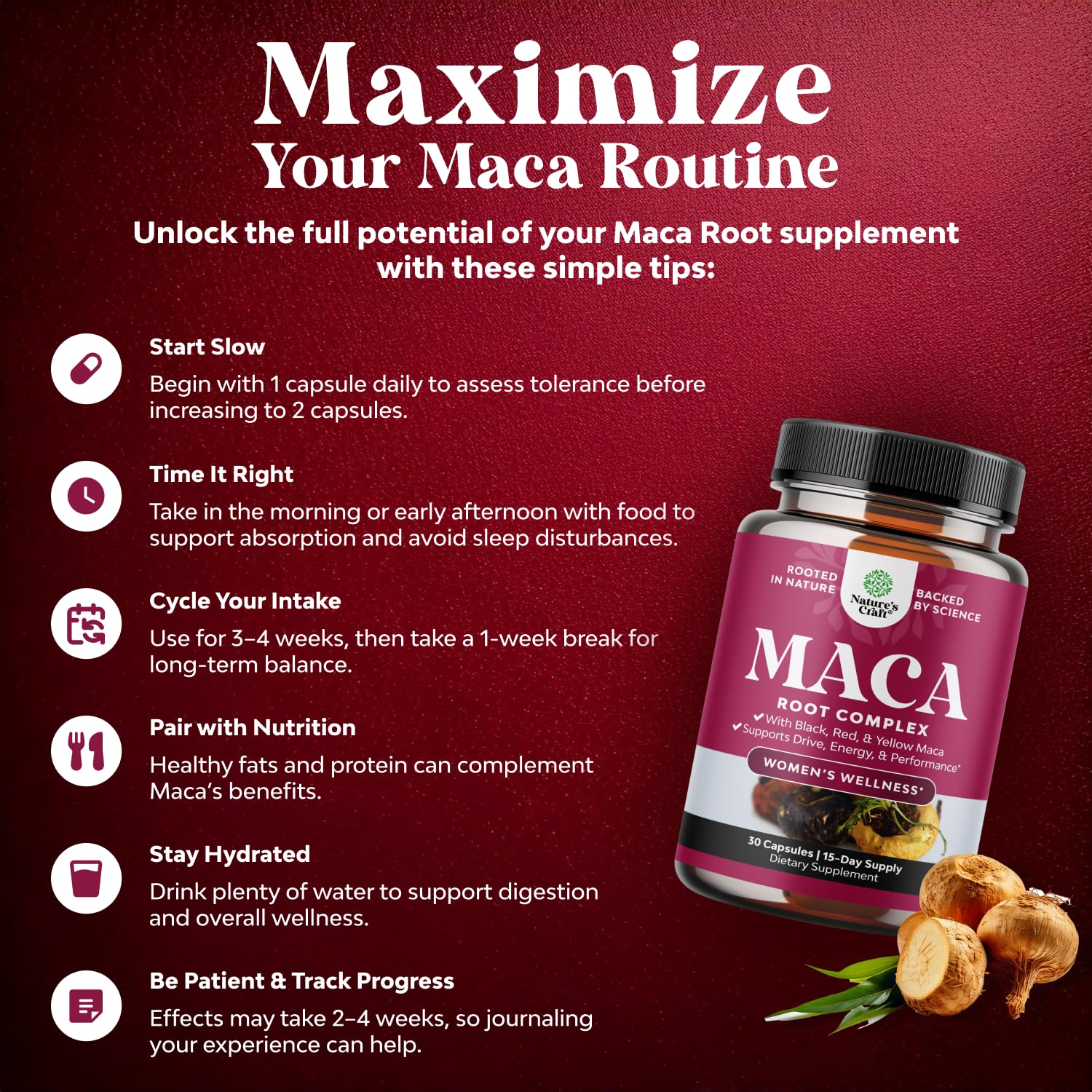 Maca Root Capsules for Women - Potent Herbal Supplement with Female Enhancing Blend of Red Yellow & Black Maca Root - Non-GMO Certified Vegan and Gluten-Free with No Artificial Colors - 30 Count Natures Craft uk supplements