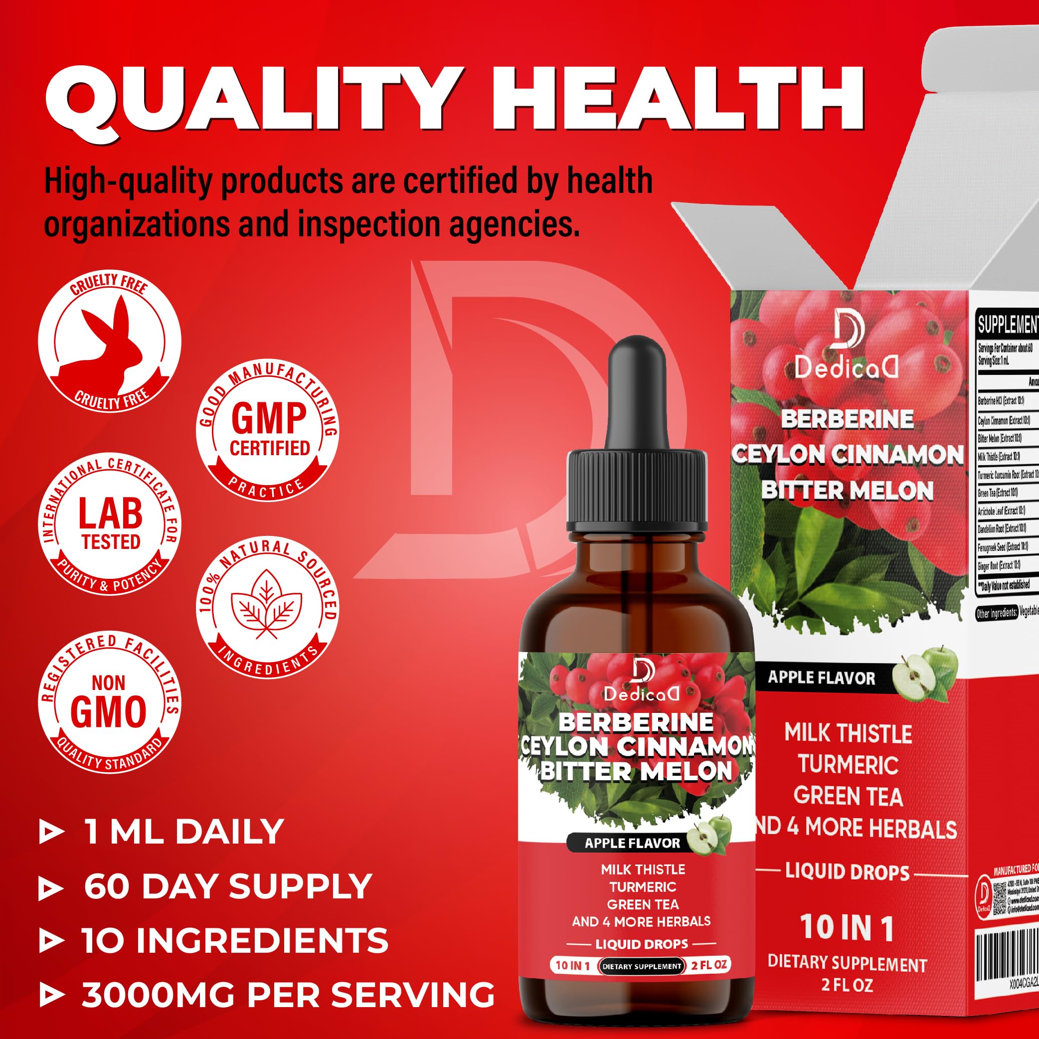 DEDICAD 10in1 Berberine HCl Drops - Liposomal Berberine Liquid - Activator Berberine with Ceylon Cinnamon, Bitter Melon, and 7 More - 60ml DEDICAD uk supplements