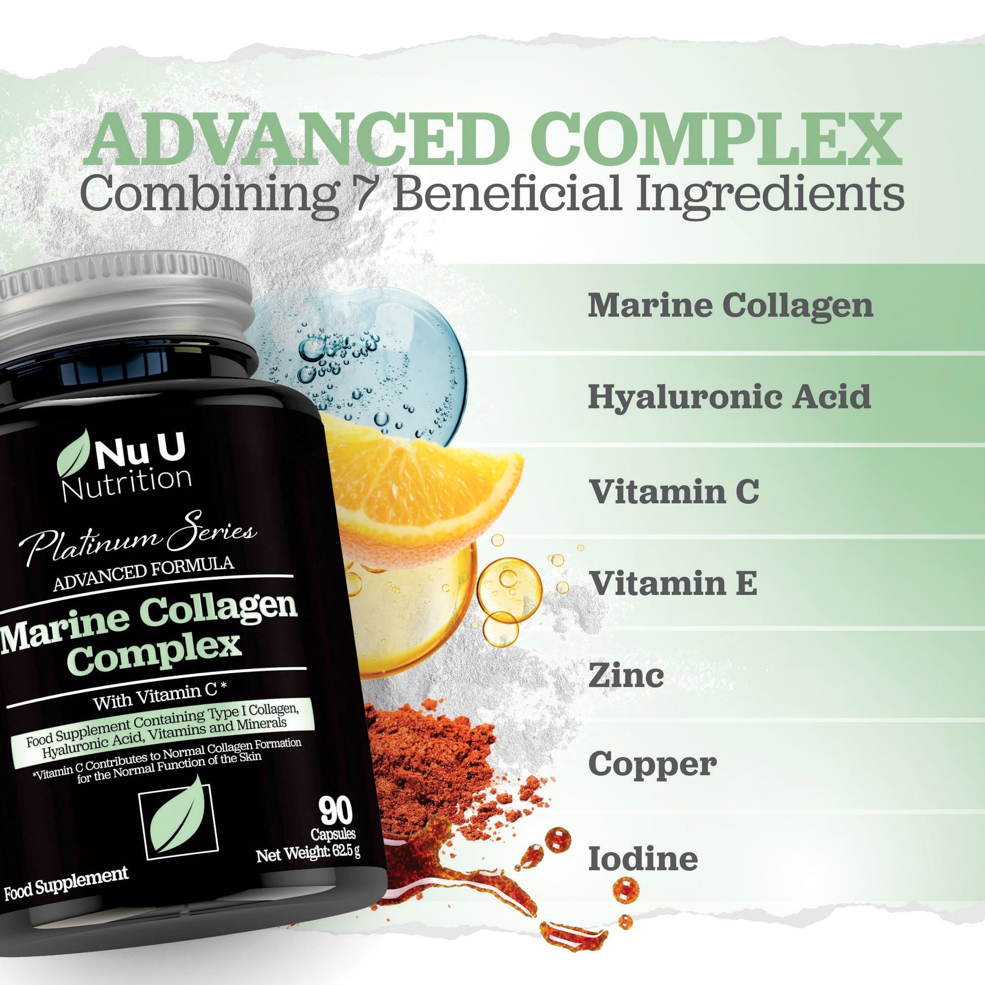 Marine Collagen with Hyaluronic Acid, Vitamin C - 90 Hydrolysed Capsules (not Tablets) - Premium High Strength Collagen Nu U Nutrition uk supplements
