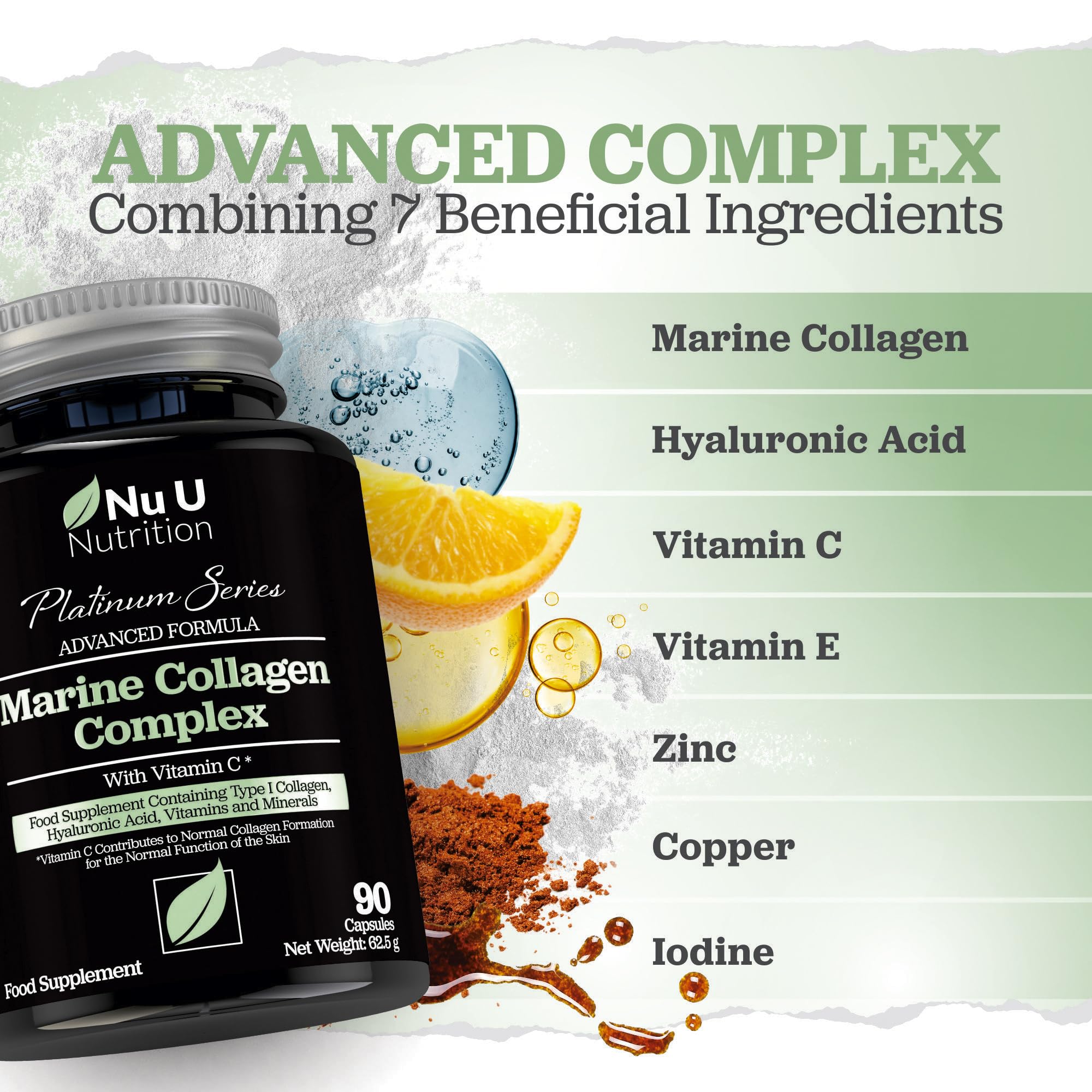 Marine Collagen with Hyaluronic Acid, Vitamin C - 90 Hydrolysed Capsules (not Tablets) - Premium High Strength Collagen Nu U Nutrition uk supplements
