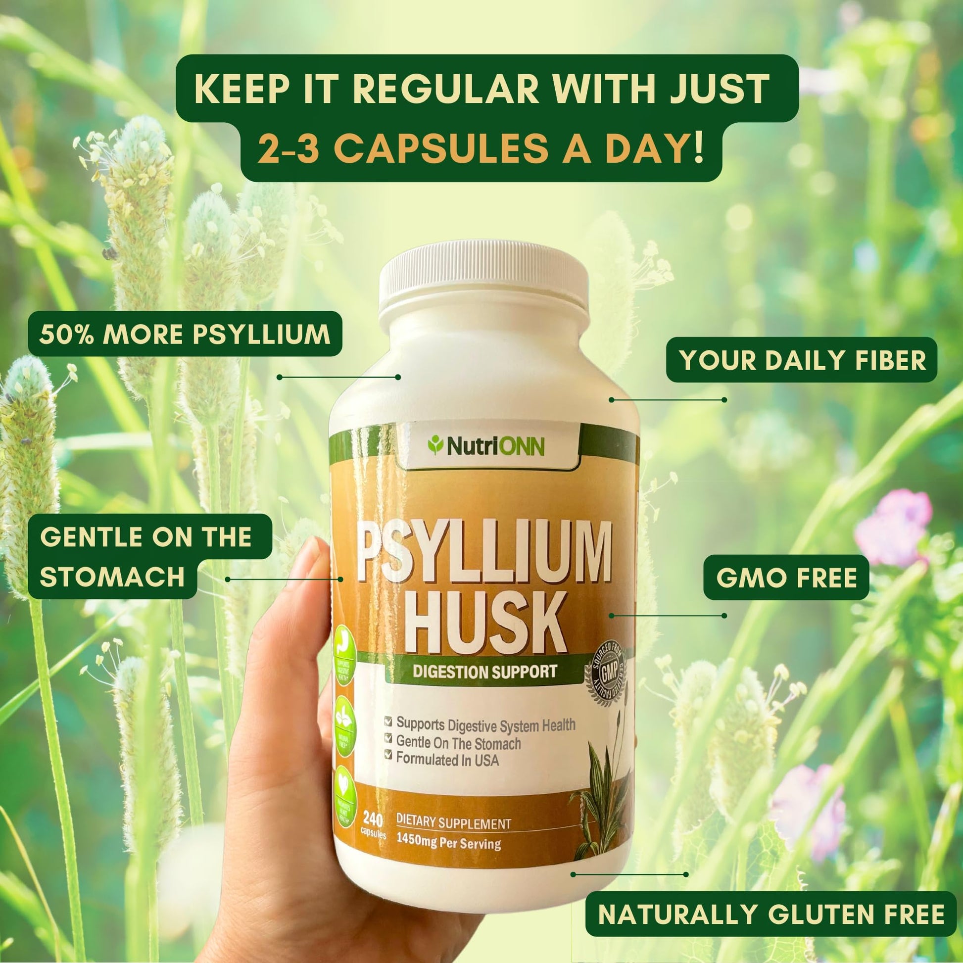 NutriONN PSYLLIUM Husk Capsules - 1450mg Per Serving - 240 Capsules - Double Strength NutriONN uk supplements