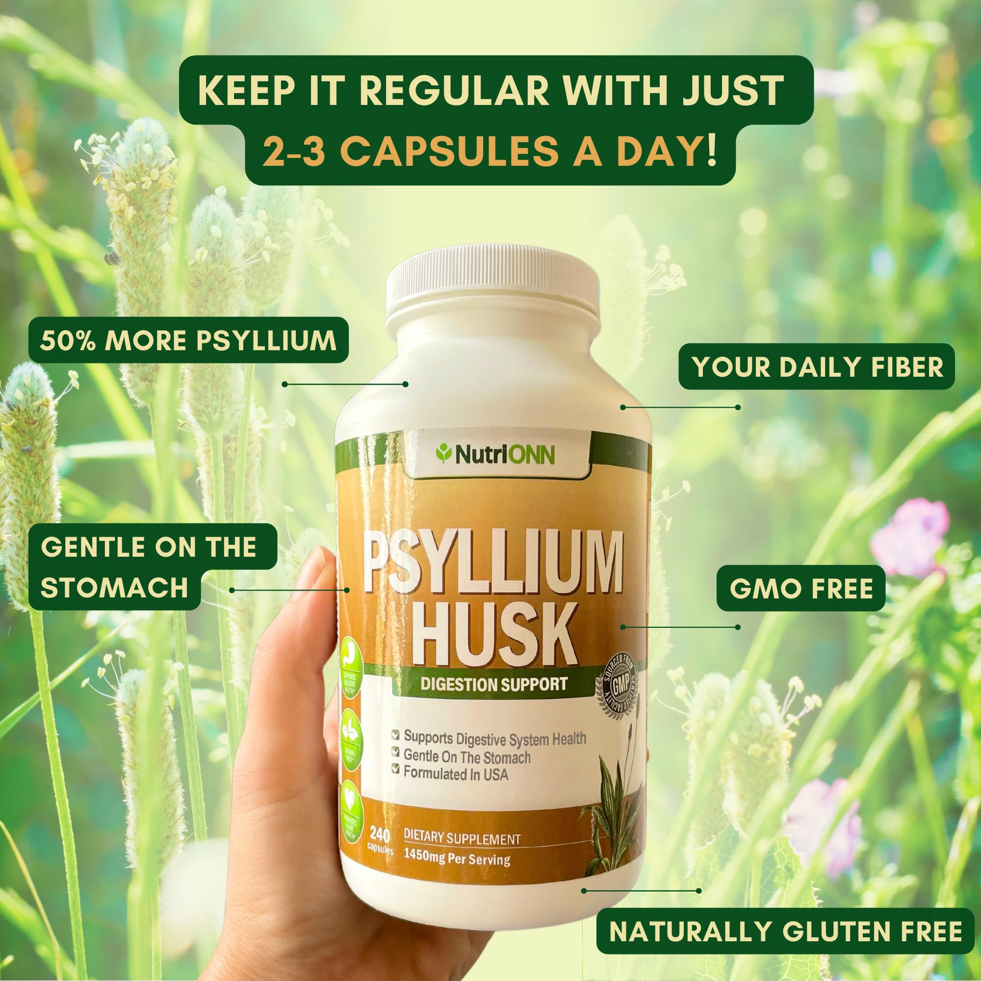 NutriONN PSYLLIUM Husk Capsules - 1450mg Per Serving - 240 Capsules - Double Strength NutriONN uk supplements