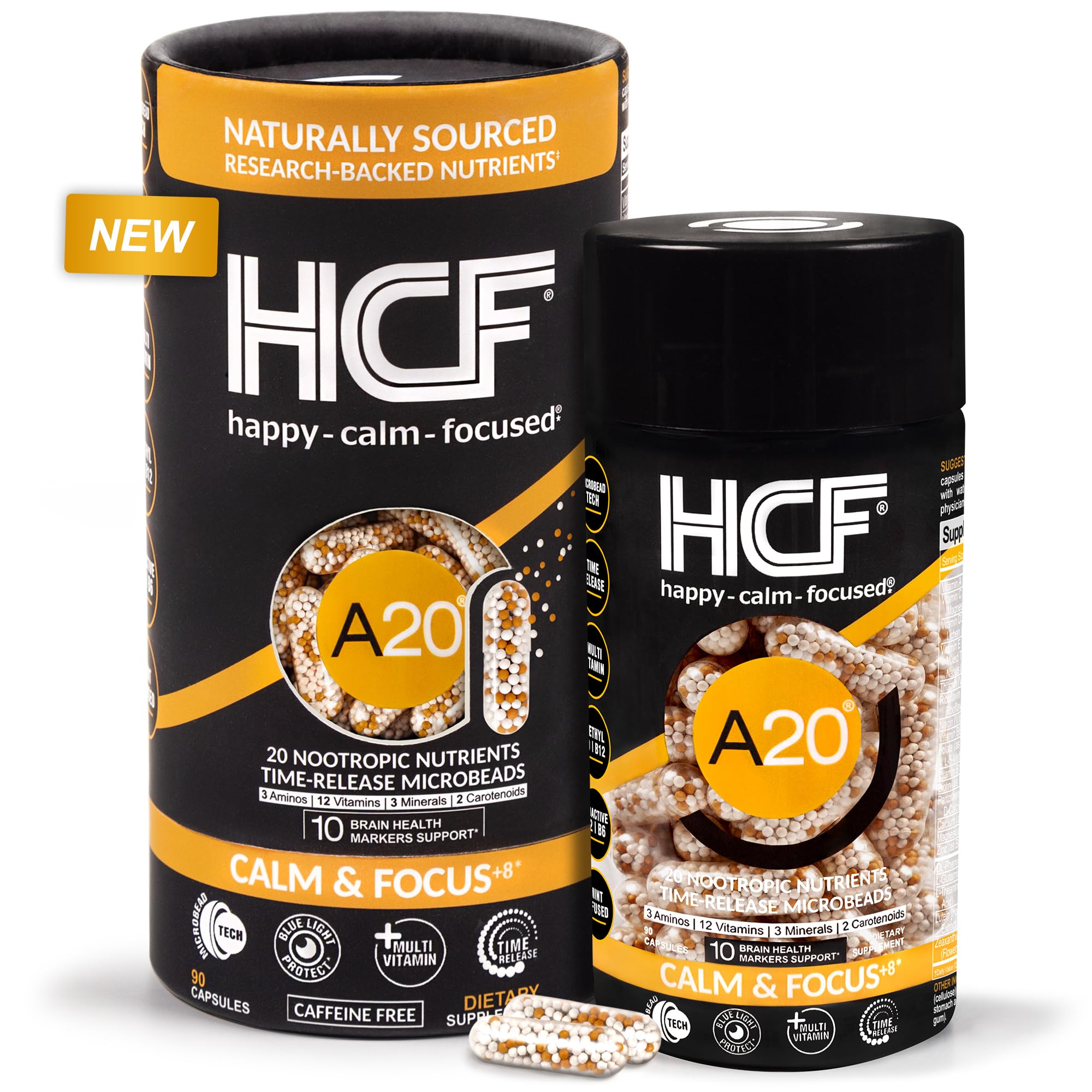 HCF A20 Microbead Brain Health Supplements for Adults for Memory, Focus, Calm, Mood, Alertness, Attention, Vision, Sleep, Immune System, 20 Premium Nootropic Nutrients Multivitamin & 7 Advances® Tech HCF uk supplements