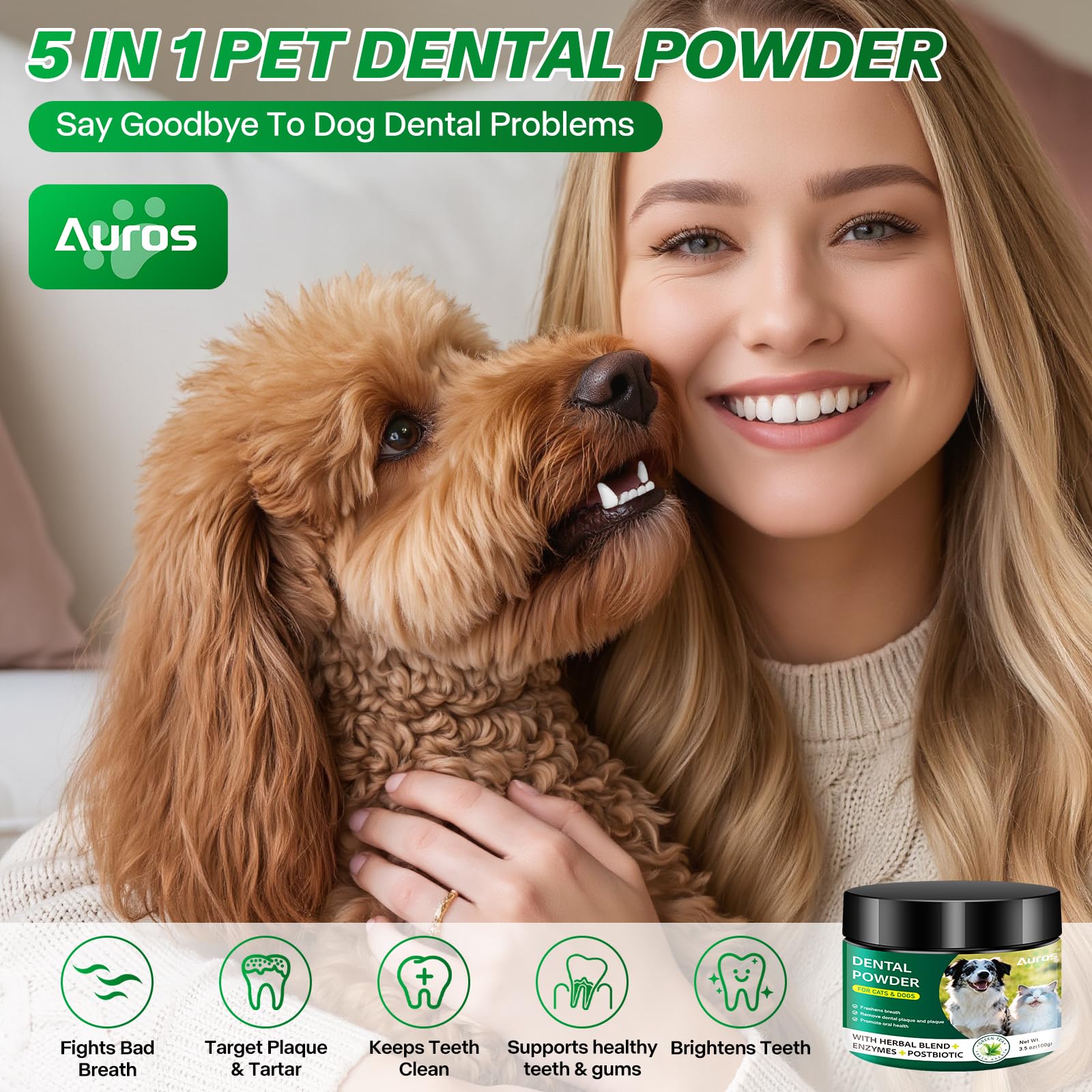 Dog Dental Powder for Teeth Cleaning Plaque & Bad Breath Off, Dental Powder for Dogs Teeth with Natural Herbal Blend & Postbiotics, Dog Teeth Cleaning Powder with Enzymes for Dogs & Cats (3.5oz) AUROS uk supplements