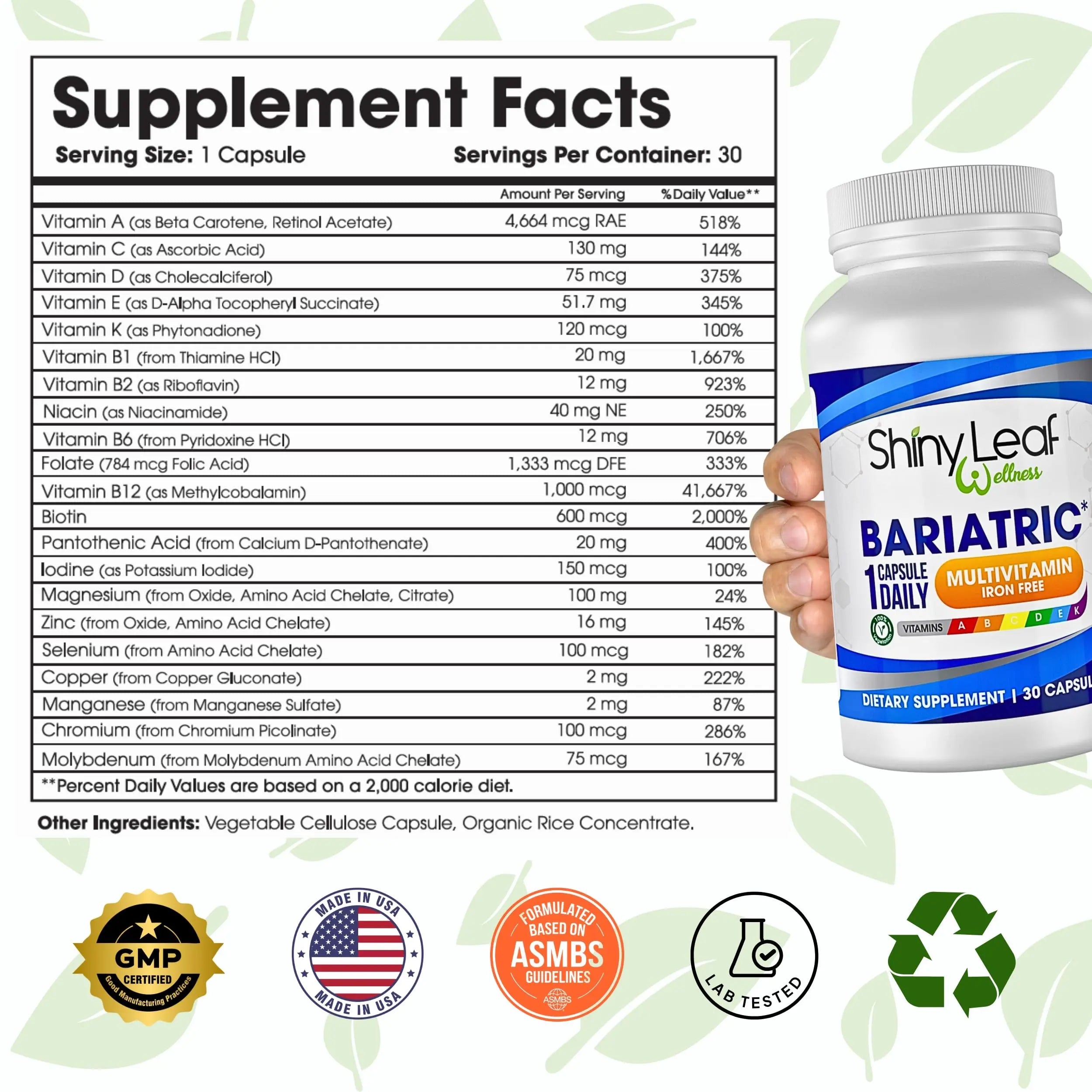 Bariatric Multivitamin Iron-Free One Capsule Per Day and CoQ10 100mg Supplement for Brain Health and Energy Management for Women and Men - 1 Month Supply Shiny Leaf uk supplements