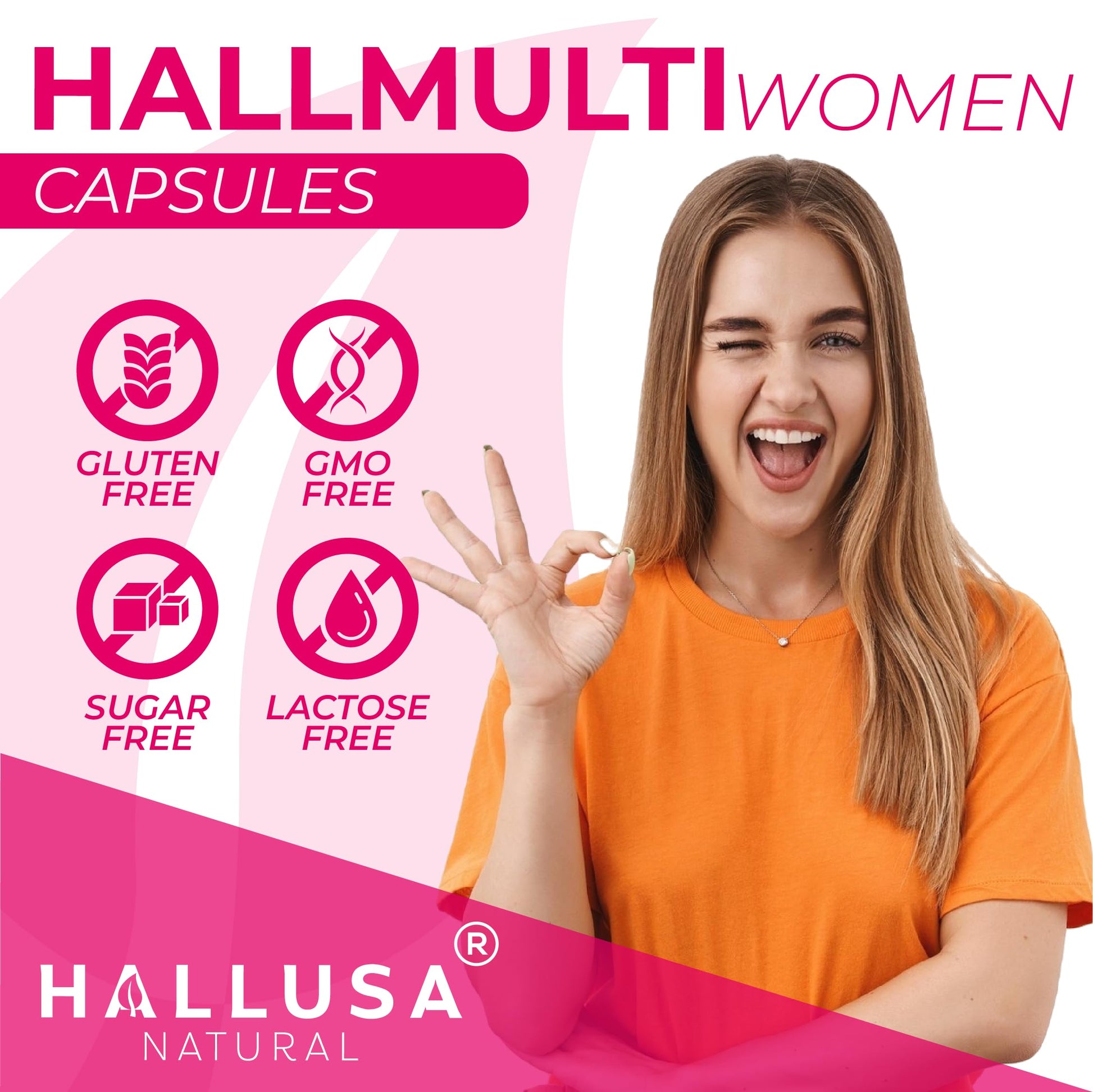 Women’s Multivitamin 18+ Vitamins & Minerals | Biotin, Folic Acid, Zinc, Calcium, Magnesium & Vitamin D | Hair, Skin & Nails Support, Energy Hallusa Natural uk supplements