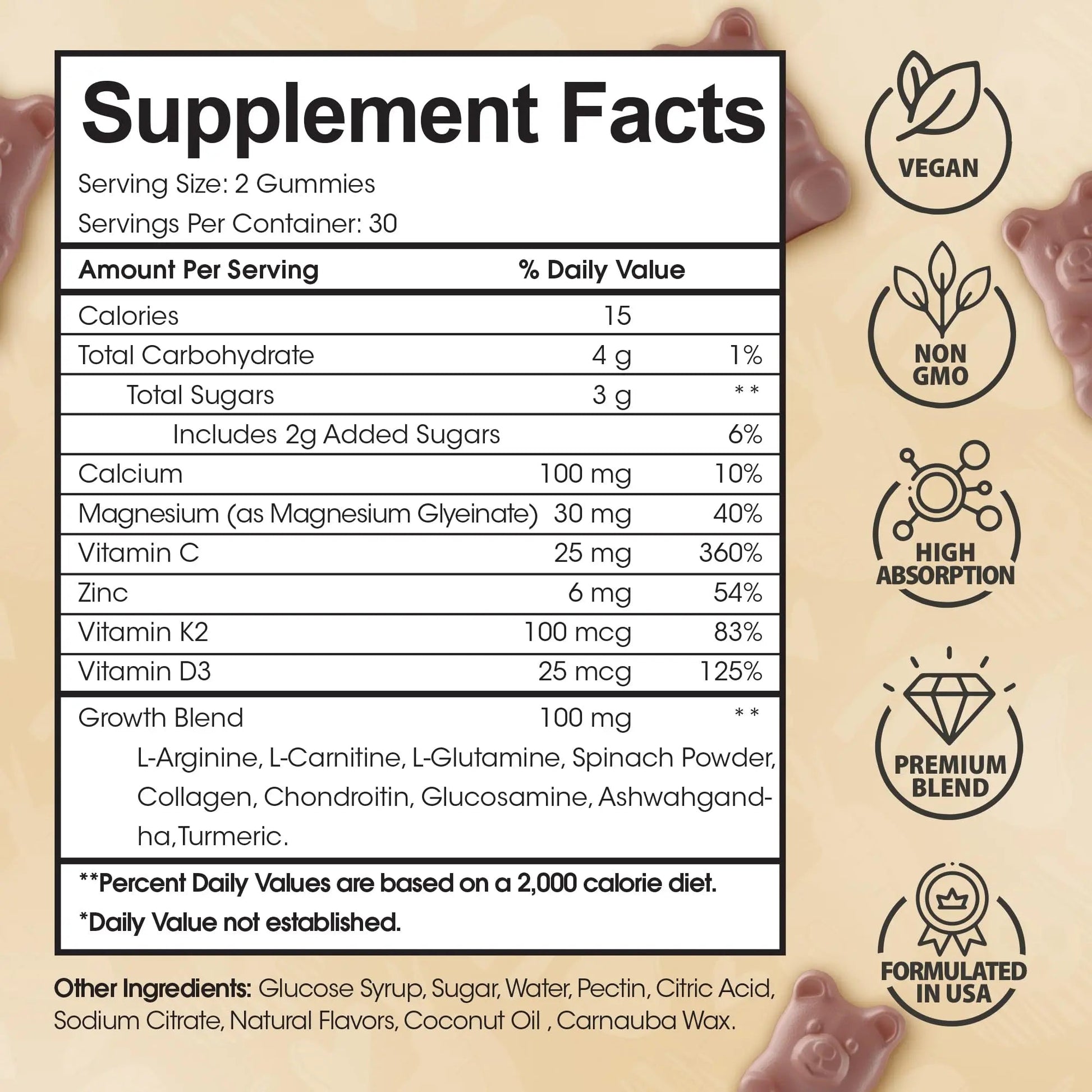 Height Growth Increase Vitamin Gummies, Calcium 100mg, Magnesium Glycinate 30mg, Zinc, Ashwagandha, Vitamin K2 D3 25mg Grow Tall Maximizer Supplement HighSpot uk supplements