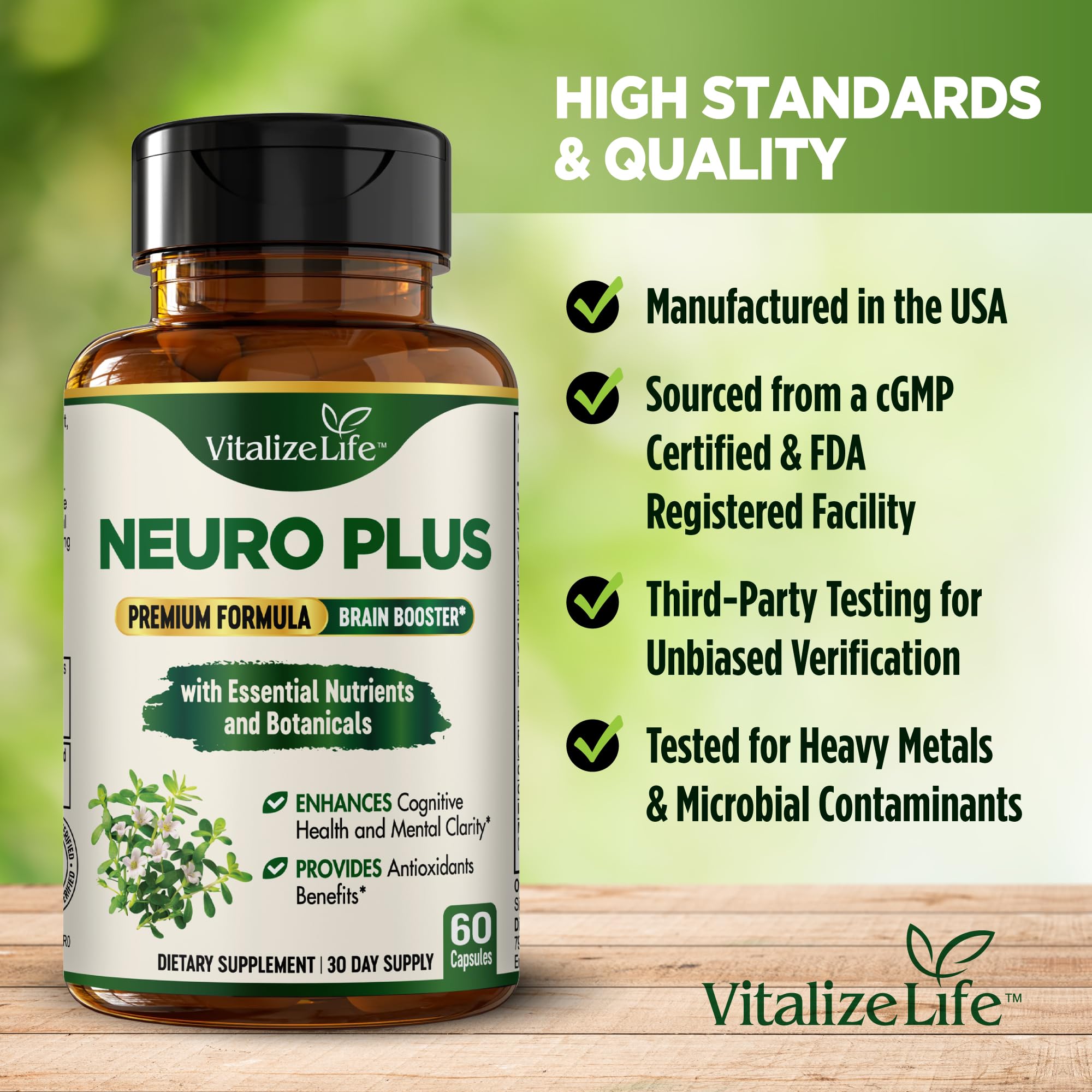 Neuro Plus Brain Supplement - Nootropic for Memory, Focus & Clarity - Neuro Brain and Focus Supplement with Bacopa Monnieri & DHA - Cognitive Support Formula - 60 Capsules Vitalize Life uk supplements