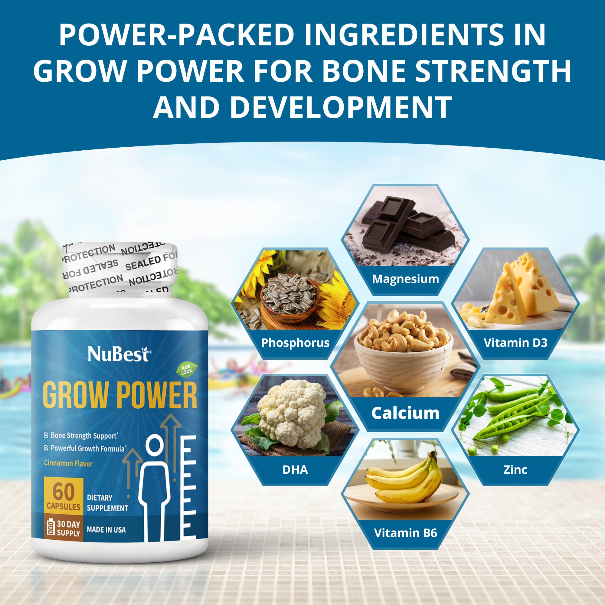 NuBest Grow Power - Calcium Supplement, Magnesium Supplement with Vitamin D3, B6, Zinc, Phosphorus and Multivitamin for Strong Bones, Overall Health for Age 10+ | 60 Capsules | 1 Month Supply NuBest uk supplements