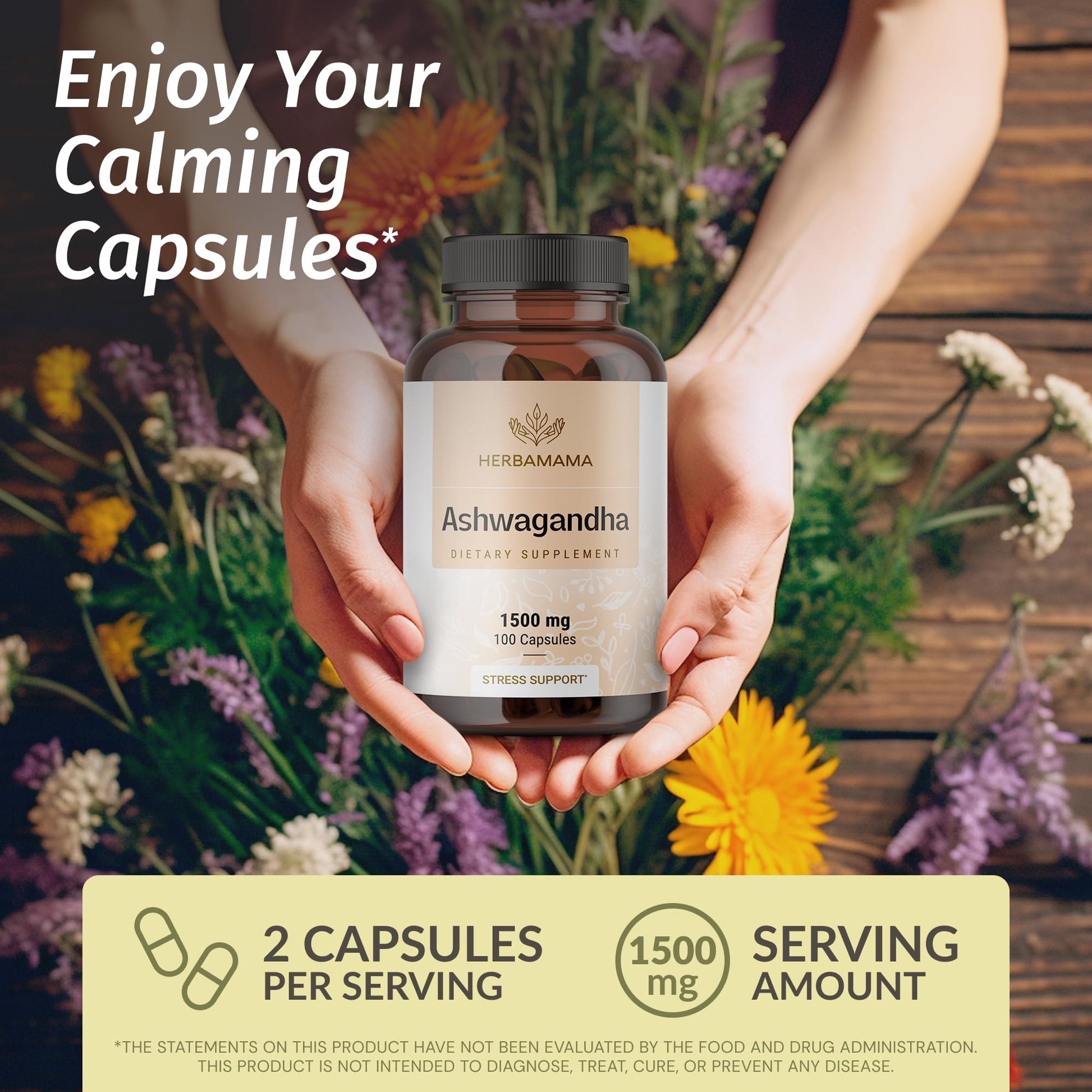 HERBAMAMA Ashwagandha Capsules - 1500mg Pure Ashwagandha Root Focus Supplement - Vegan, Non-GMO Mood & Calm Support Supplement for Adults, 100 Caps HERBAMAMA uk supplements