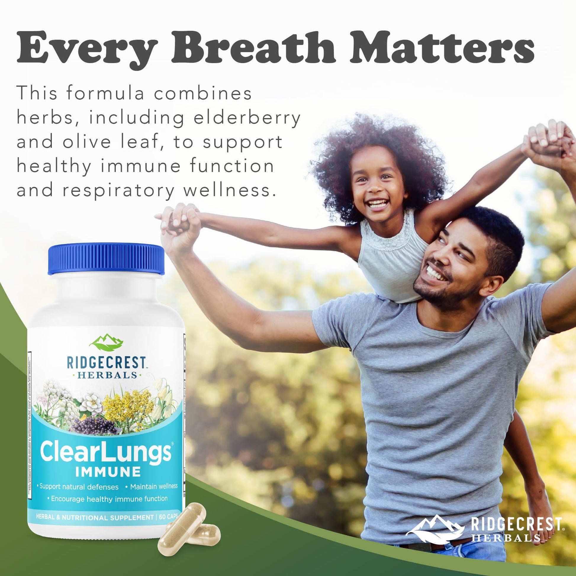 RidgeCrest Herbals ClearLungs Immune, Lung Support Supplement with Elderberry, Zinc, Vitamin C, Vitamin A, Olive Leaf, Mullein, Lung Wellness Formula for Respiratory Health (60 Vegan Caps, 30 Serv) RidgeCrest Herbals uk supplements