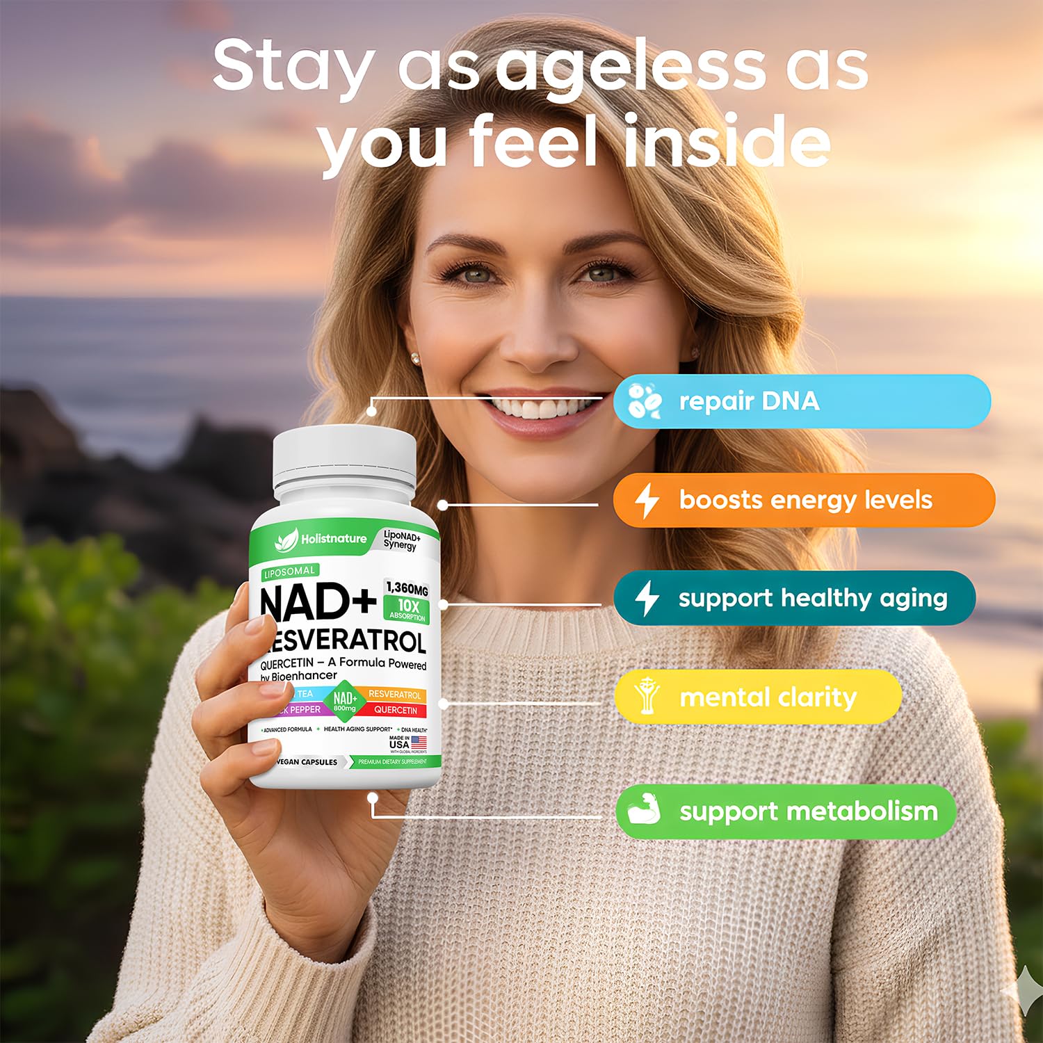 NAD+ Supplement, 1,360mg Max Strength Liposomal | Resveratrol, Quercetin, Green Tea | Cellular Energy & Healthy Aging for Men & Women | 800mg of 100% High Purity NAD+ for Energy, Focus - 90 Capsules Holistnature uk supplements