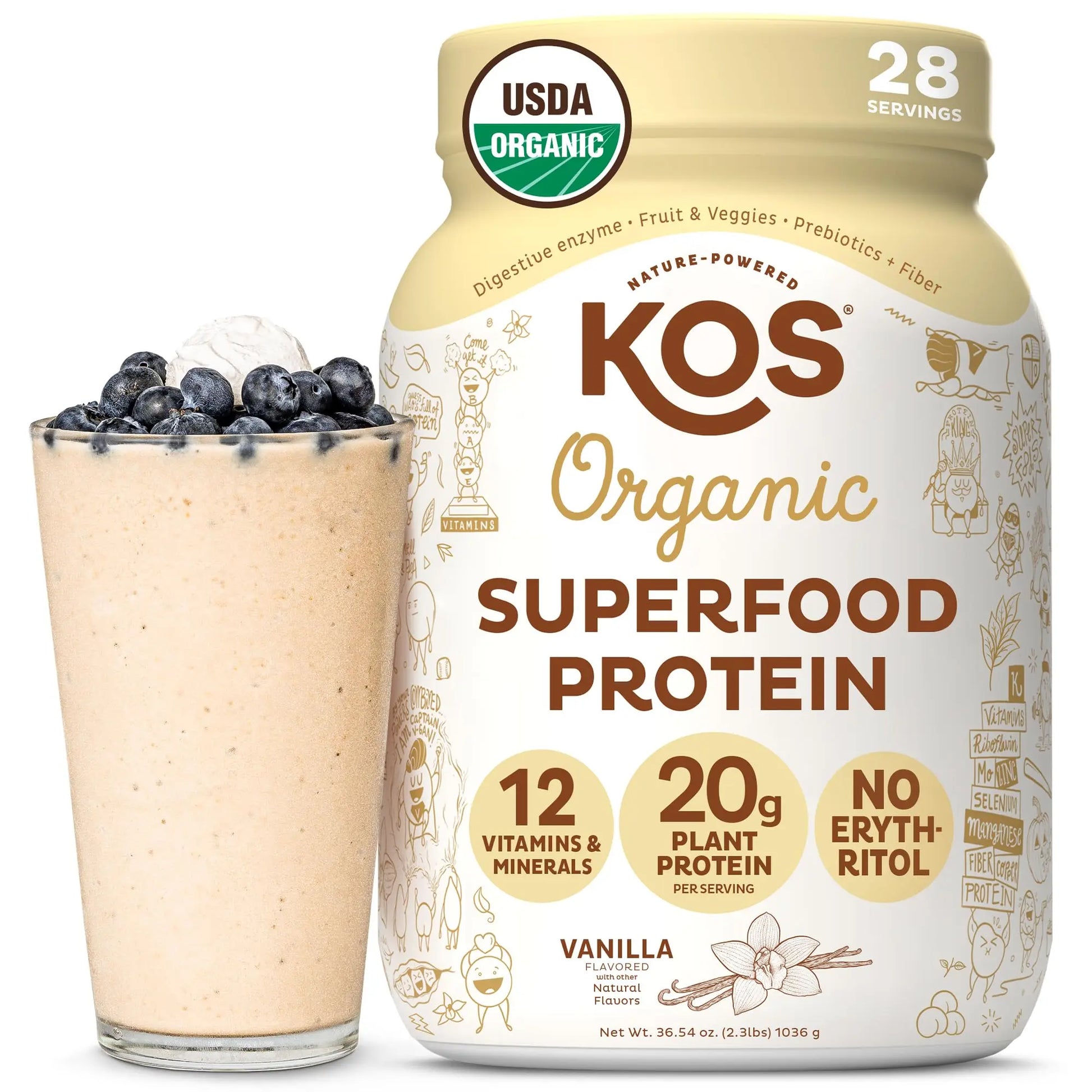 KOS Vegan Protein Powder Erythritol Free, Vanilla USDA Organic - Pea Protein Blend, Plant Based Superfood Rich in Vitamins & Minerals - Keto, Dairy Free - Meal Replacement for Women & Men, 28 Servings KOS uk supplements