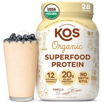 KOS Vegan Protein Powder Erythritol Free, Vanilla USDA Organic - Pea Protein Blend, Plant Based Superfood Rich in Vitamins & Minerals - Keto, Dairy Free - Meal Replacement for Women & Men, 28 Servings KOS uk supplements