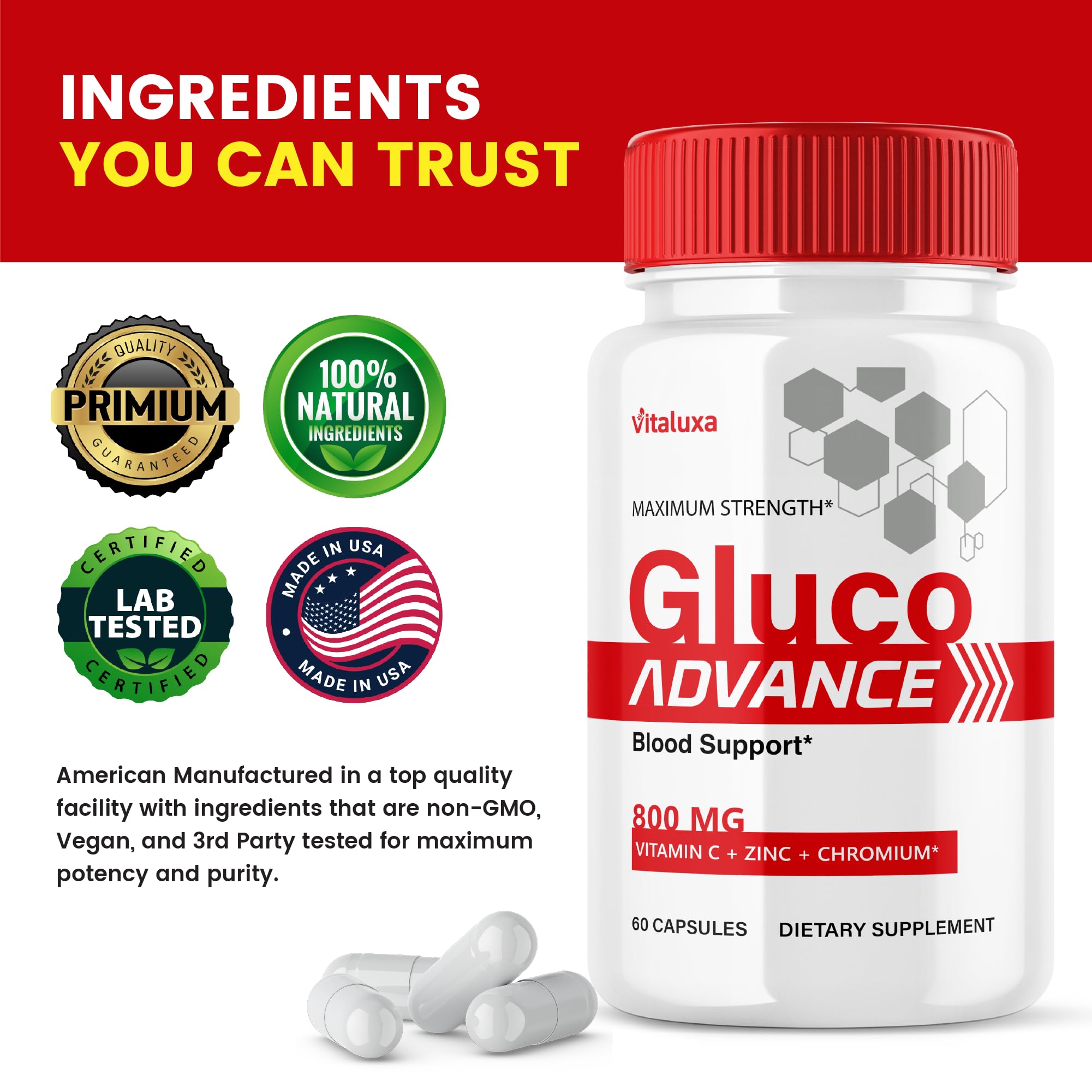 Gluco Advance Capsules, Gluco Advanced Blood Support Supplement GlucoAdvance Pills for Joints, GlucoseAdvance Premium Blend Flow Balance All Natural Formula Overall Health Wellness (60 Capsules) Vitaluxa uk supplements