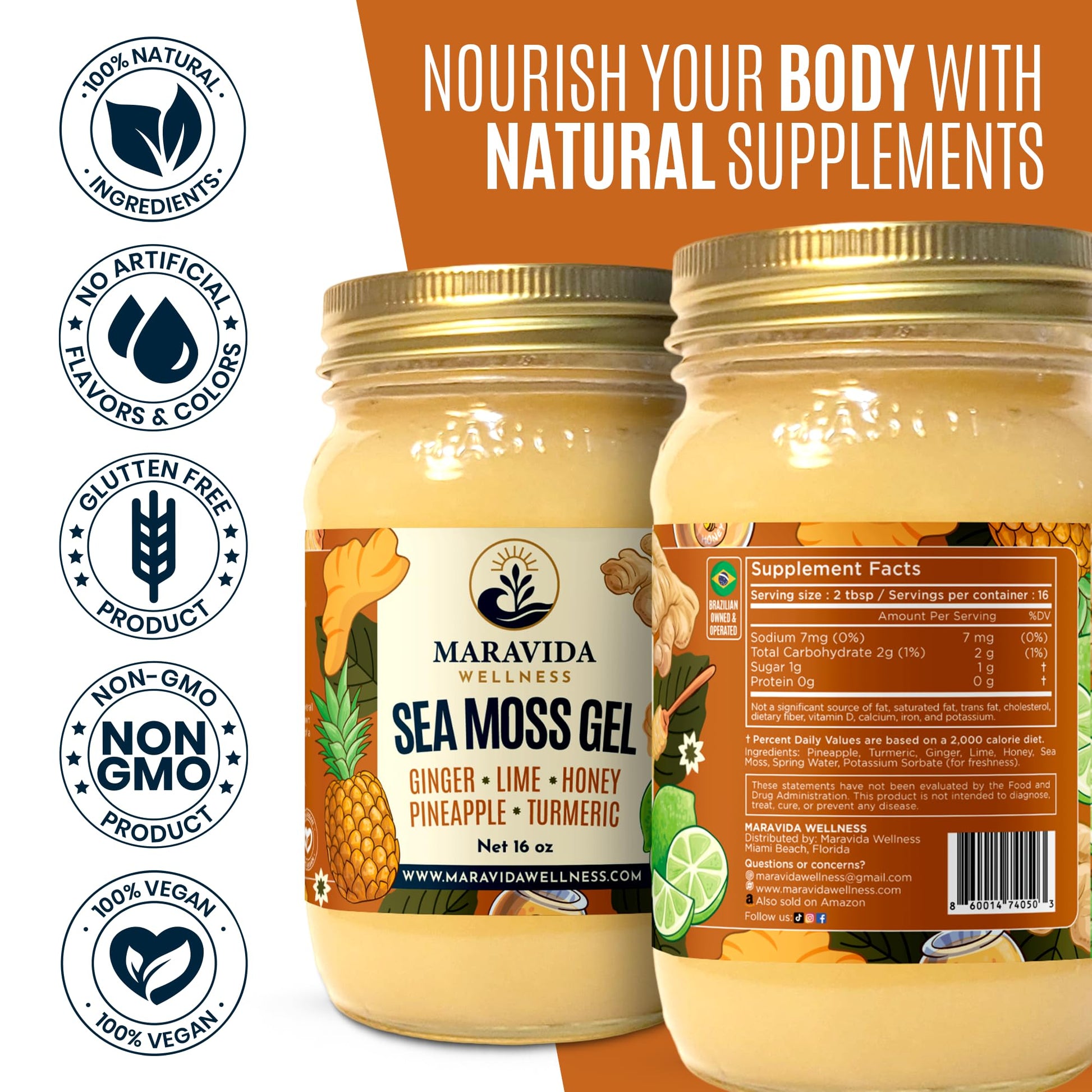 Maravida Wellness Sea Moss Gel – Pineapple, Lime, Honey, Ginger & Turmeric – 100% Natural Raw Organic Irish Moss – 16oz Jar – Premium Superfood for Everyday Wellness Maravida Wellness uk supplements