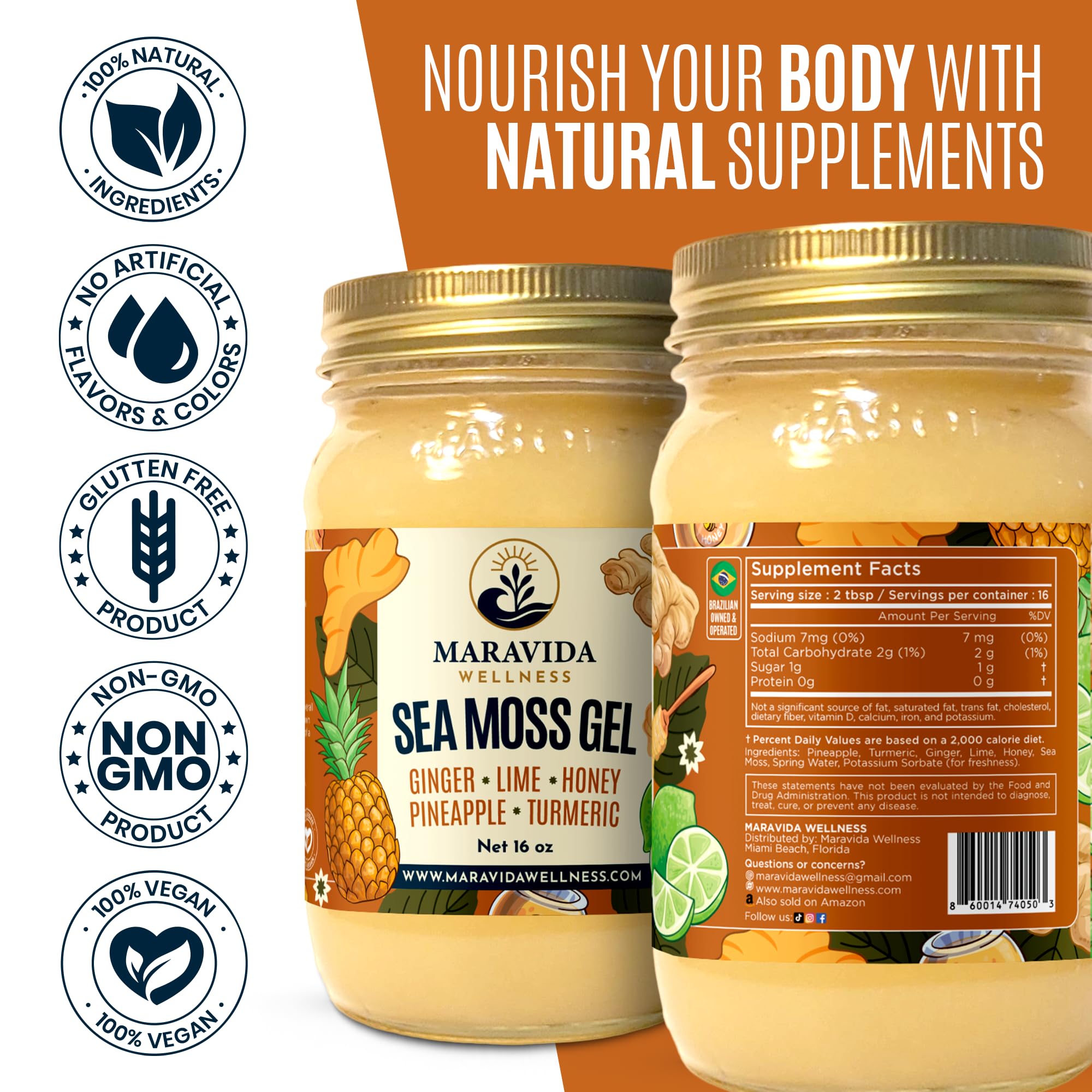 Maravida Wellness Sea Moss Gel – Pineapple, Lime, Honey, Ginger & Turmeric – 100% Natural Raw Organic Irish Moss – 16oz Jar – Premium Superfood for Everyday Wellness Maravida Wellness uk supplements