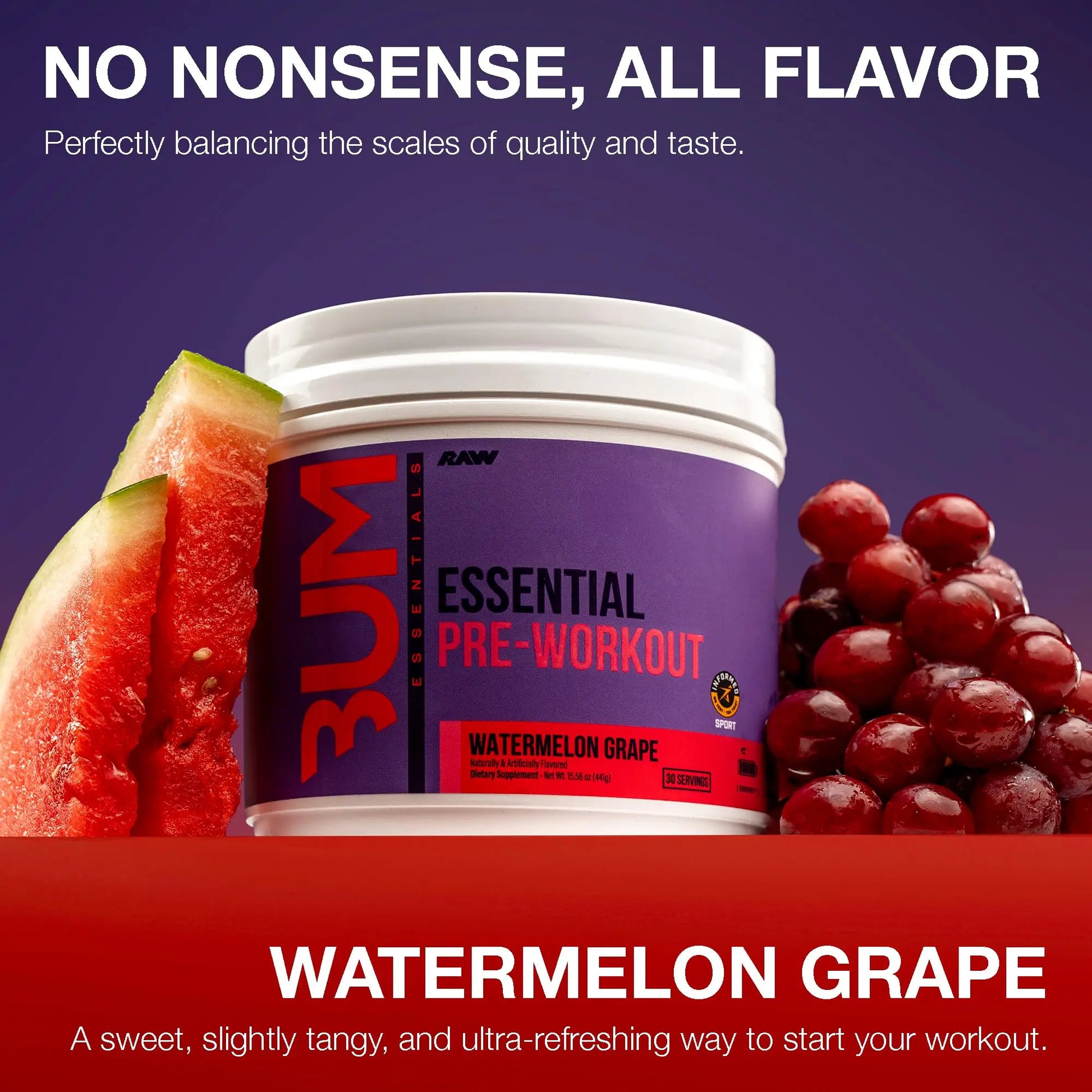 RAW Essential Pre-Workout Powder (Watermelon Grape) - Chris Bumstead Sports Nutrition Supplement for Men & Women - Preworkout Energy Powder with Caffeine, L-Citrulline, RAW uk supplements