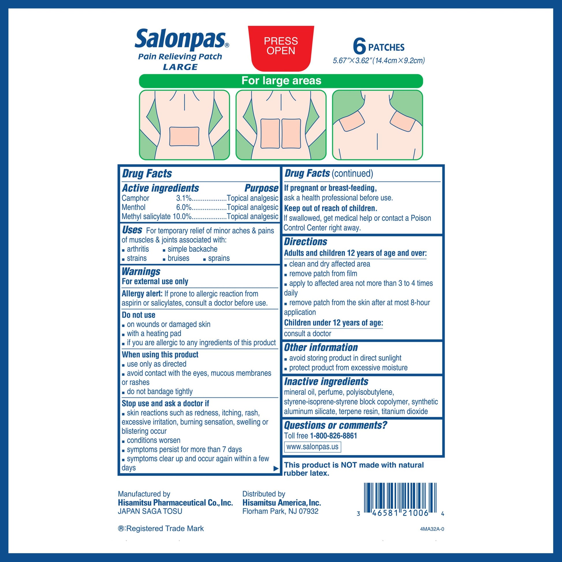 Salonpas Pain Relieving Patch, Large, 6 Count, for Back, Neck, Shoulder, Knee Pain and Muscle Soreness, 8 Hour Pain Relief Salonpas uk supplements