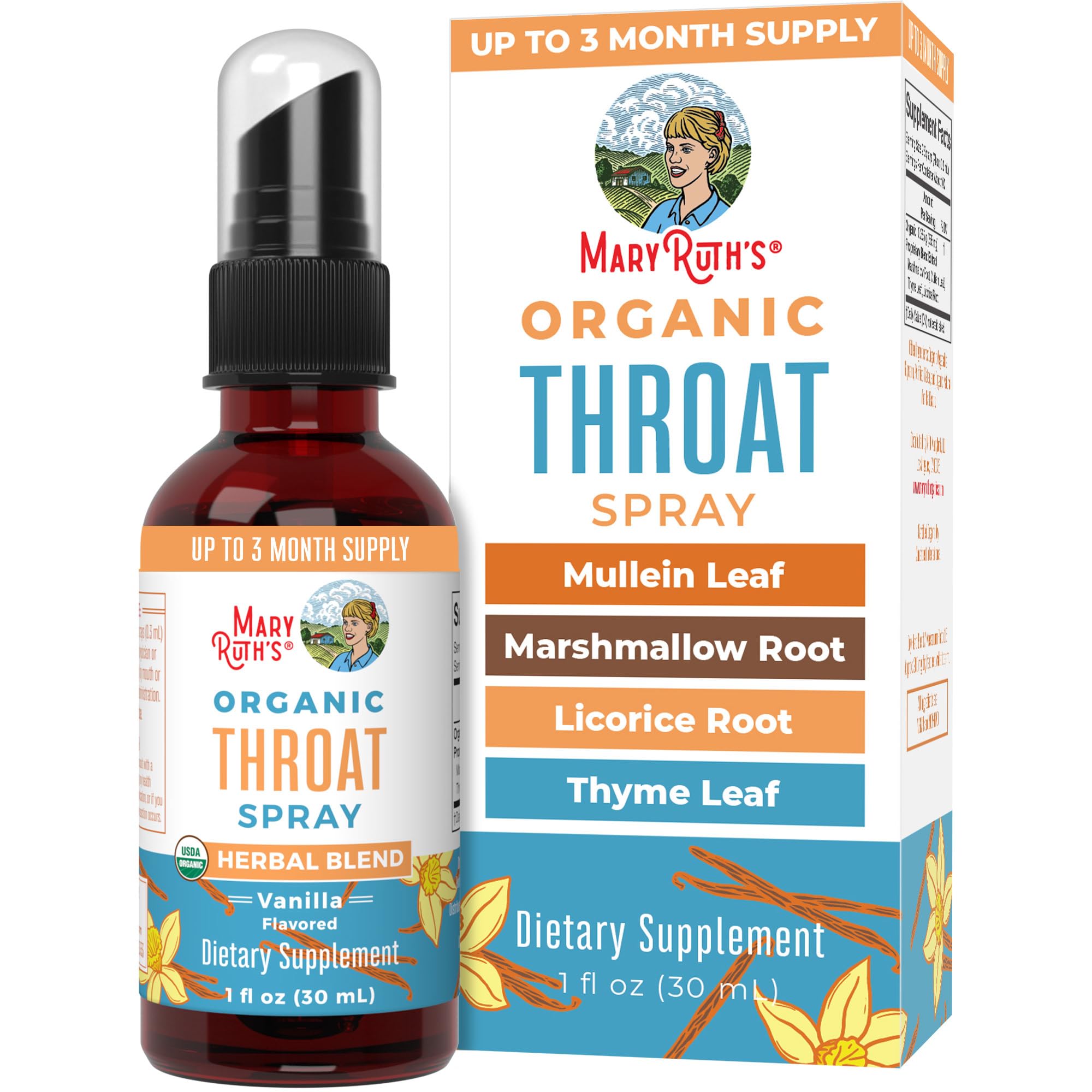 MaryRuth Organics USDA Organic Throat Spray with Mullein Leaf | Marshmallow Root & Licorice Root & Thyme Leaf | Vanilla | 4 Herbal Blend | Non-GMO | Vegan | Gluten Free | 1 Fl Oz | Up to 100 Servings MARYRUTH'S uk supplements
