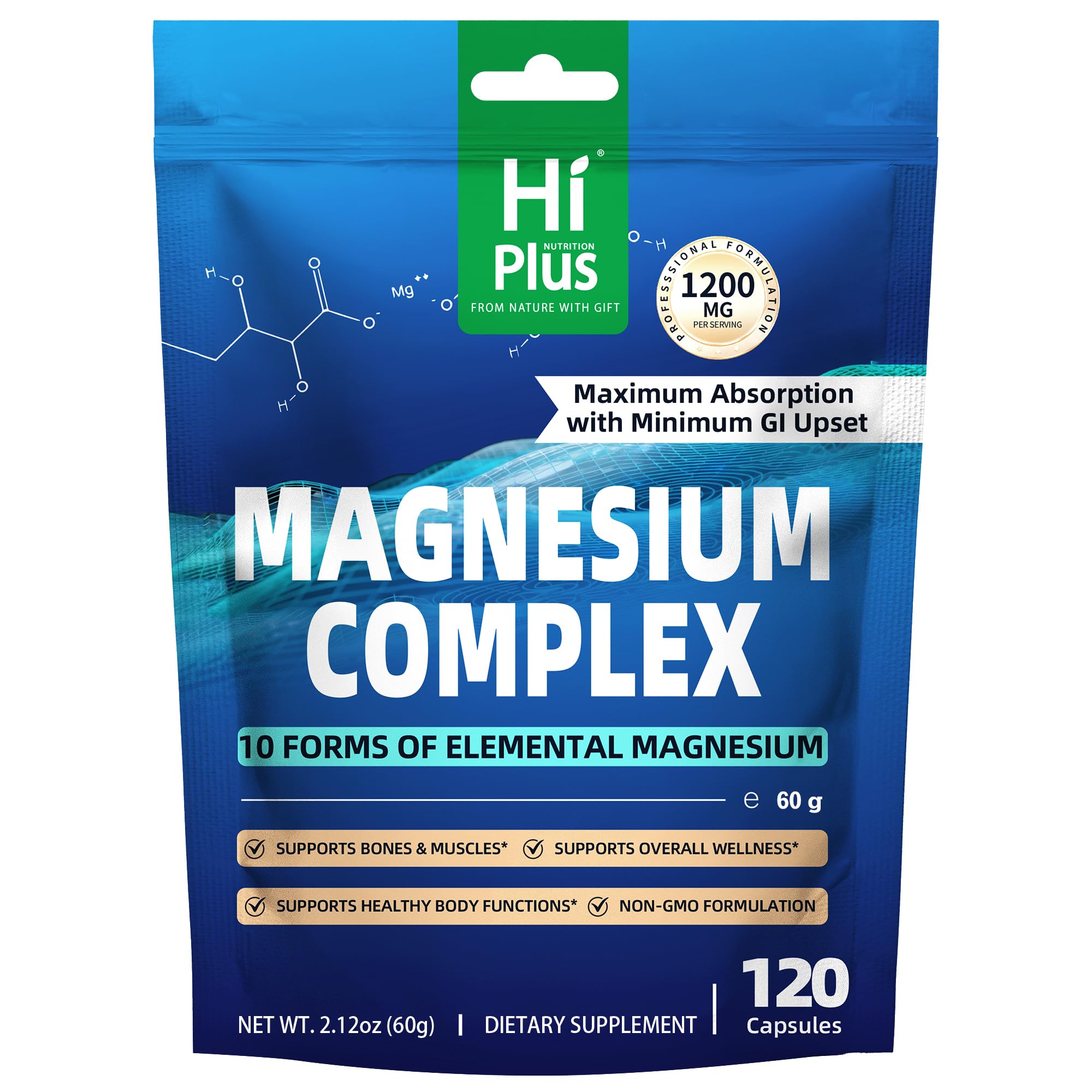 Magnesium Complex Supplement with 10 Forms of Elemental Magnesium, 1200 mg per Serving, Magnesium Glycinate, Citrate, Malate & Taurate, High Absorption Vegan Capsules, Non-GMO HiPlus uk supplements