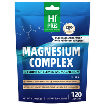 Magnesium Complex Supplement with 10 Forms of Elemental Magnesium, 1200 mg per Serving, Magnesium Glycinate, Citrate, Malate & Taurate, High Absorption Vegan Capsules, Non-GMO HiPlus uk supplements