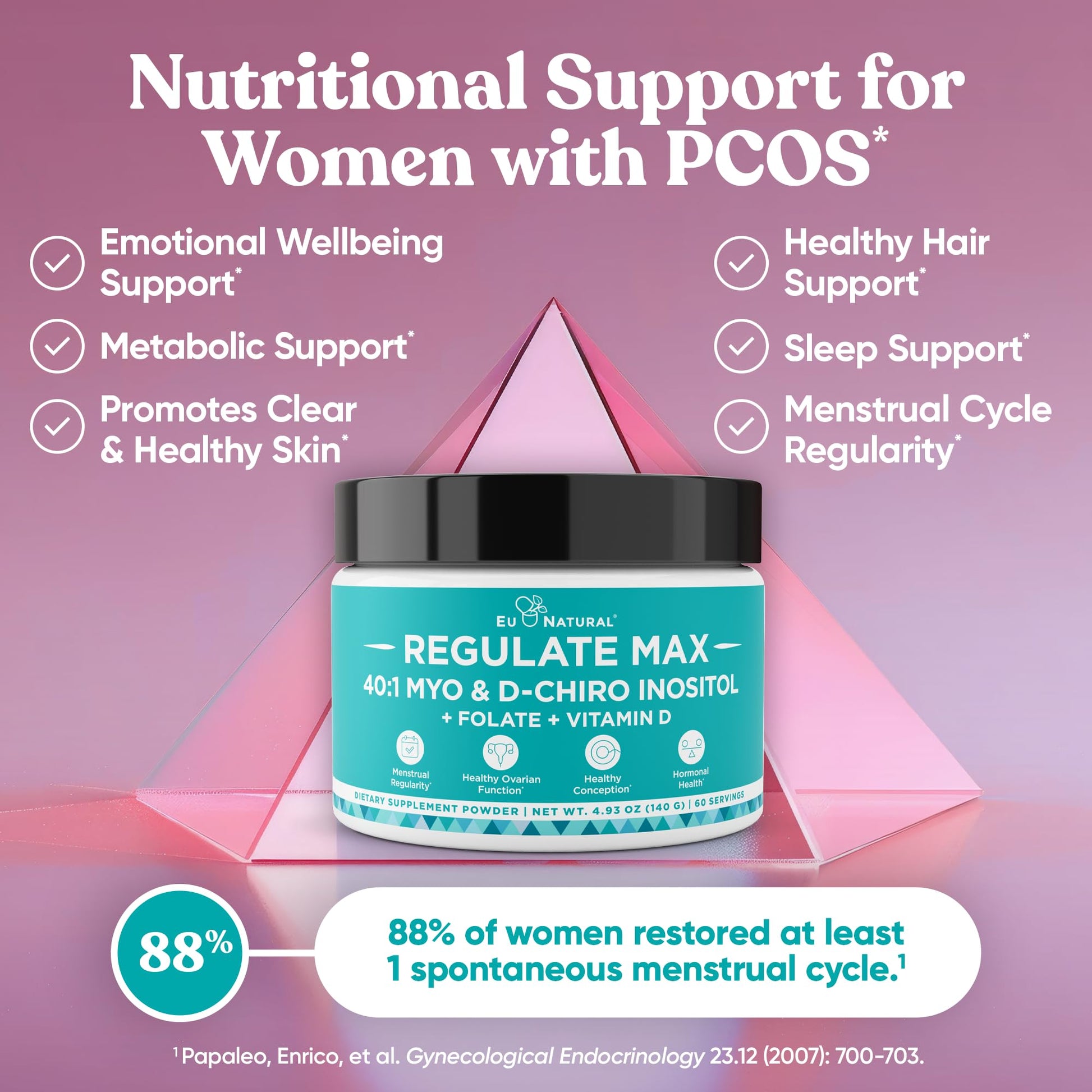 Eu Natural Regulate MAX Myo-Inositol & D-Chiro Inositol Supplement Powder for Women with Vitamin D & Folate Nutritional Support, Hormone Balance & Fertility Support, Unflavored 60 Servings Eu Natural uk supplements