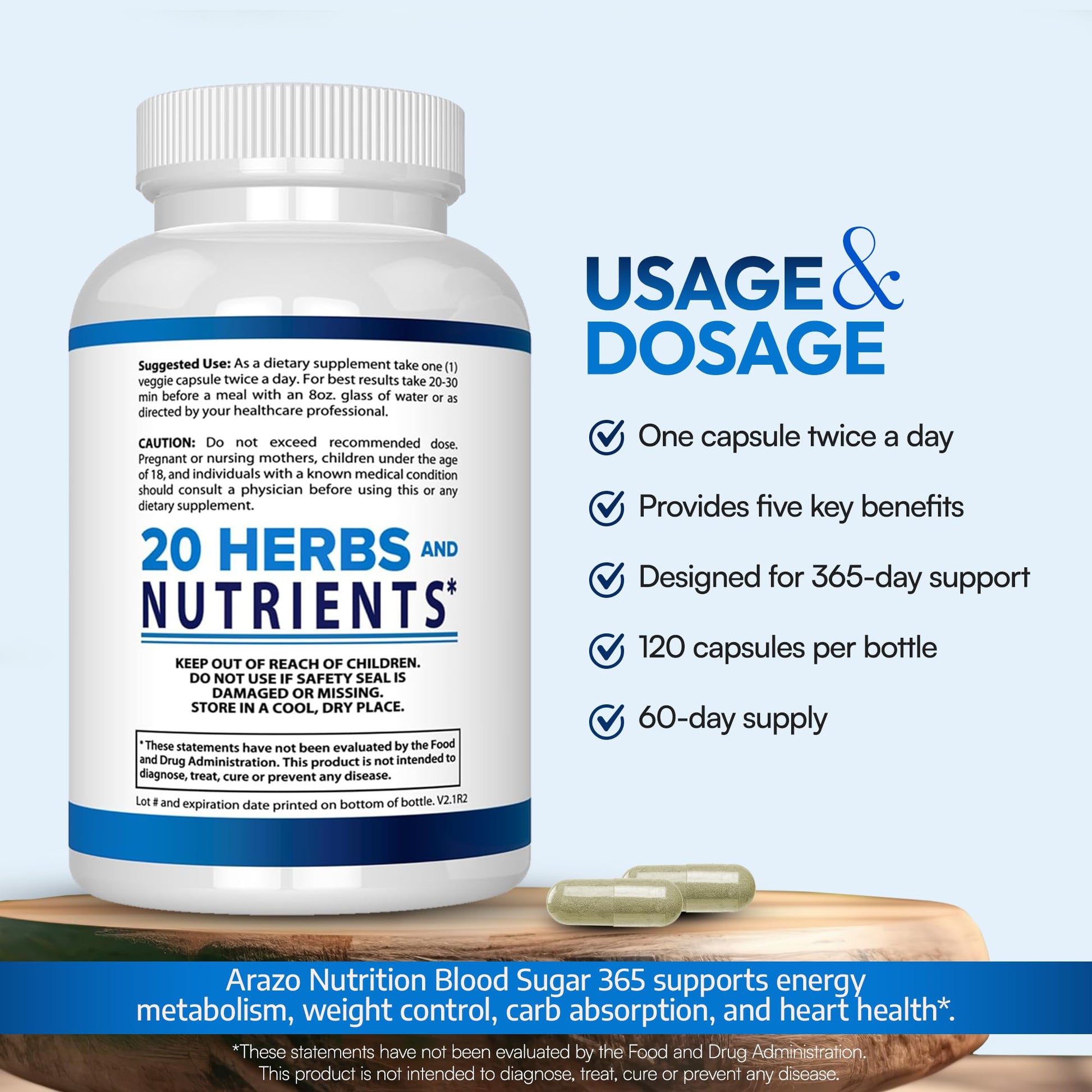 Arazo Nutrition Blood Sugar 365 Supplement – Supports Healthy Energy Levels - 120 Herbal Pills - 60 Day Supply Aus Healthcare uk supplements