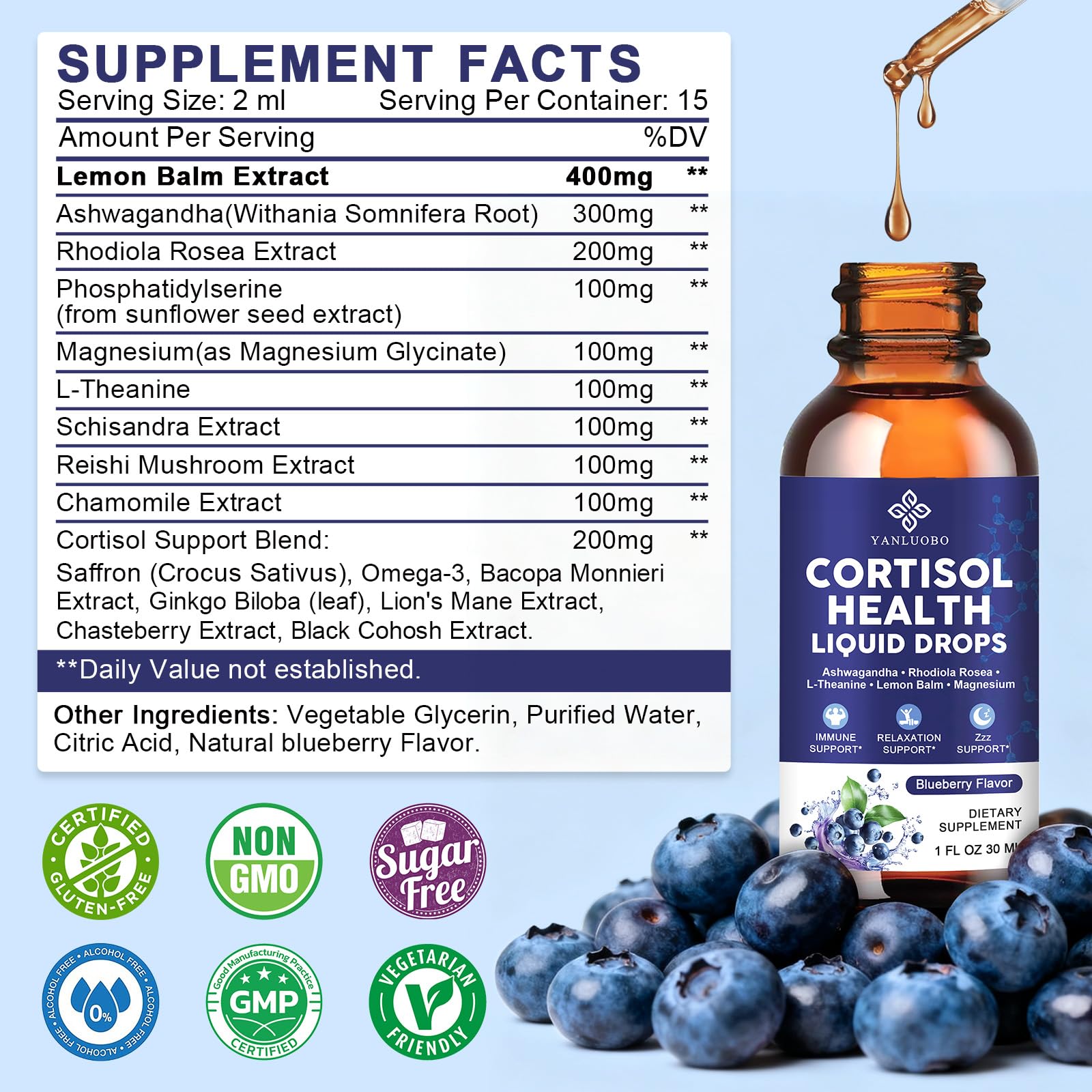 Cortisol Supplements for Women - Cortisol Manager Liquid Drops with Magnesium, Ashwagandha & Rhodiola rosea, L-theanine - Promotes Relaxation & Better Sleep, Mood, Blueberry Flavors, 1FL.OZ(2PC) YANLUOBO uk supplements