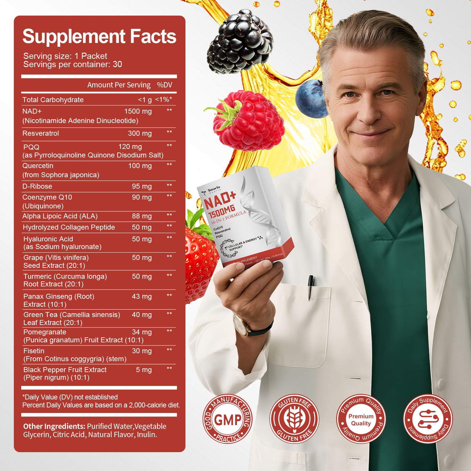 Totaria NAD Liquid Supplement 1500mg for Men & Women, Extra Strength NAD+, Resveratrol, PQQ, CoQ10, 16-in-1 Formula with Nicotinamide Riboside for Anti Aging, Energy, Immune, Focus (30 Packets) Totaria uk supplements