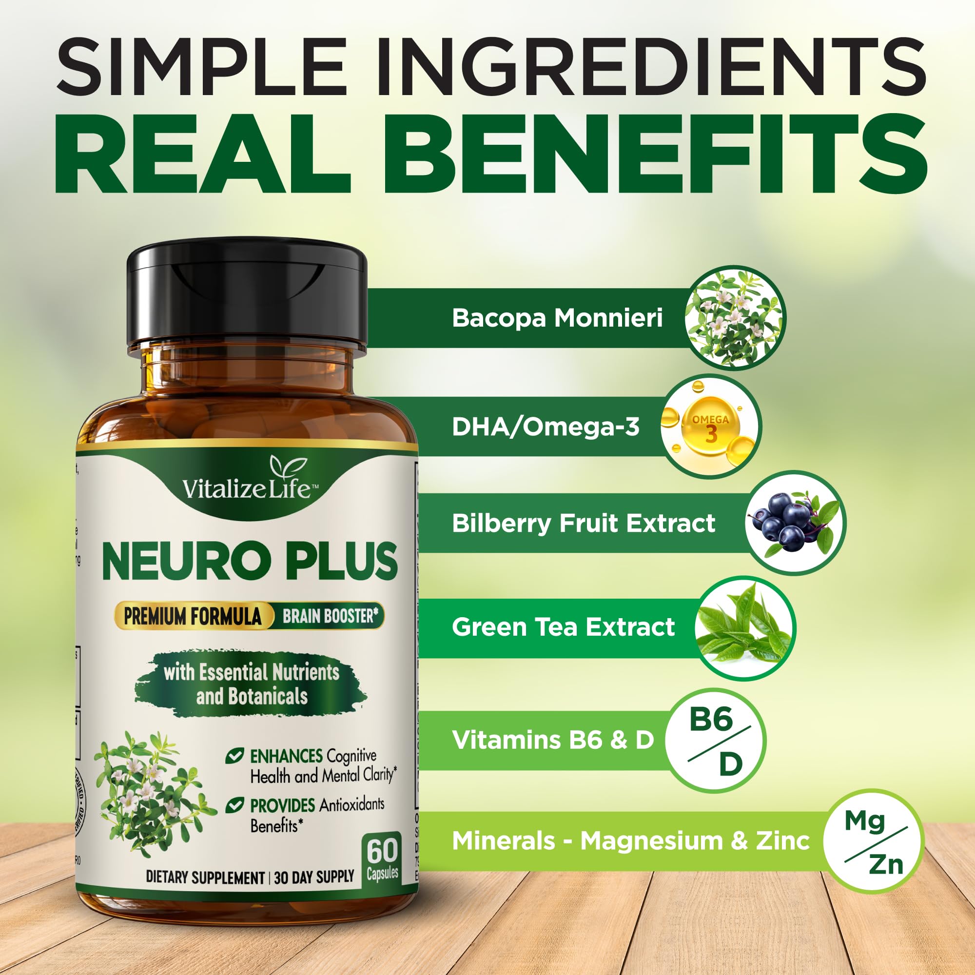Neuro Plus Brain Supplement - Nootropic for Memory, Focus & Clarity - Neuro Brain and Focus Supplement with Bacopa Monnieri & DHA - Cognitive Support Formula - 60 Capsules Vitalize Life uk supplements