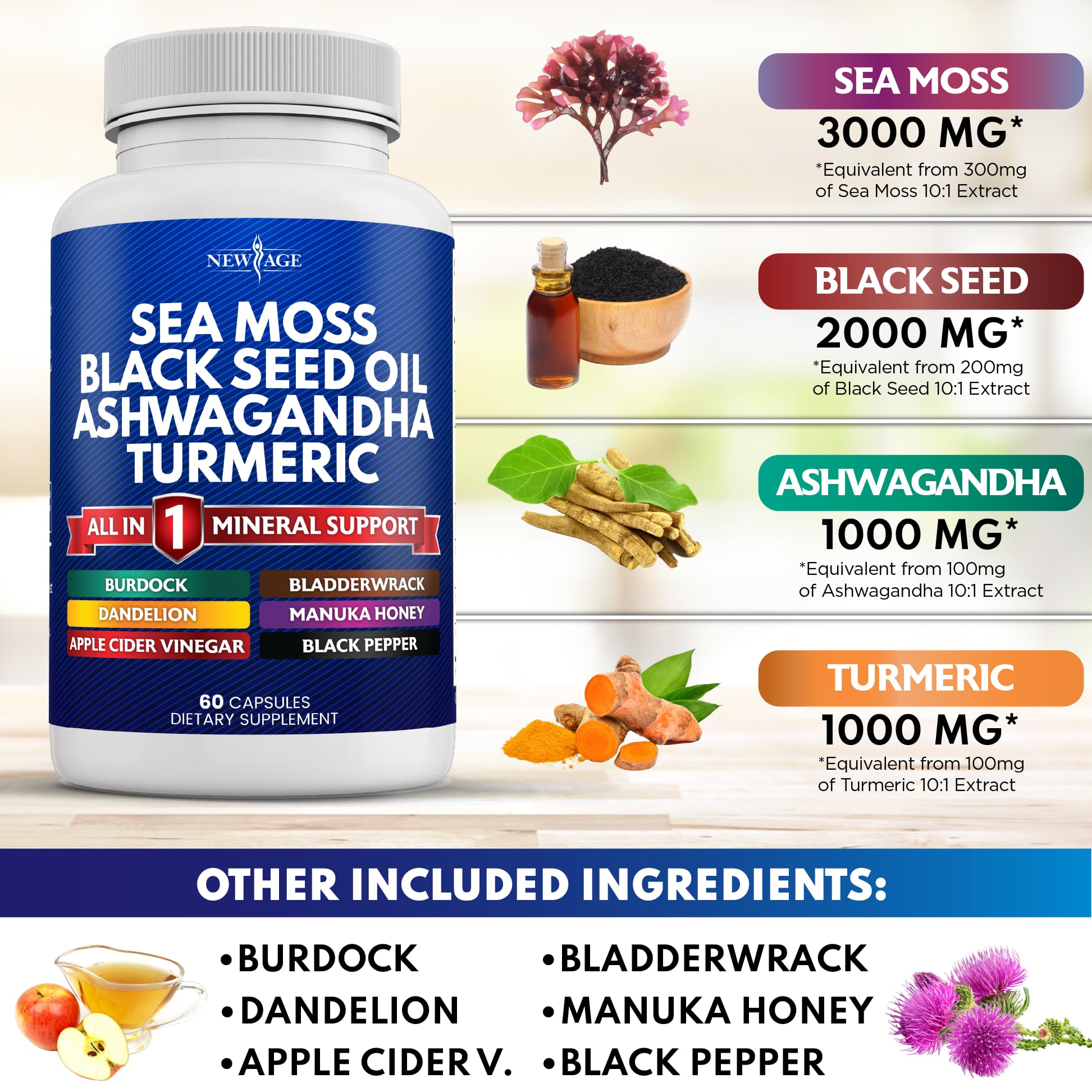 Silica Sea Moss 3000mg Black Seed Oil 2000mg Ashwagandha 1000mg Turmeric 1000mg NEW AGE uk supplements