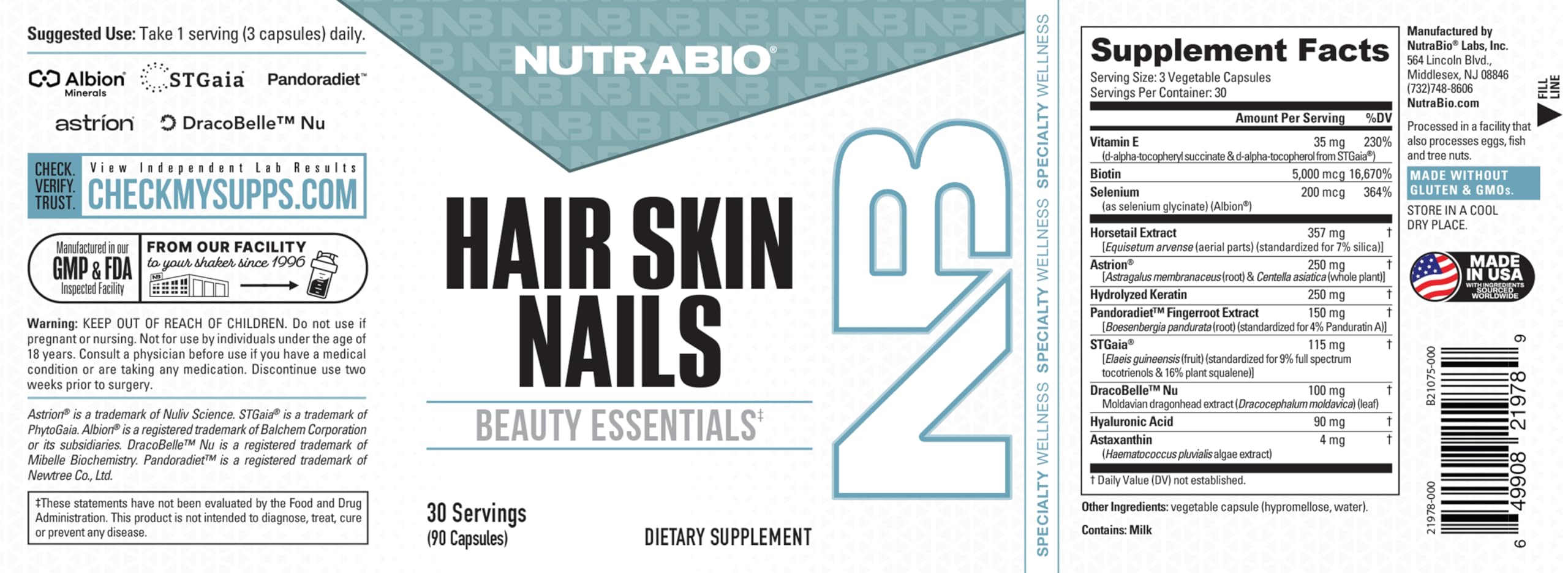 NutraBio Hair Skin Nails Vitamins | Enhanced Collagen Support | Skin Hydration | Hair Growth Vitamins for Women with Biotin, Keratin, Hyaluronic Acid & More - 90 Capsules NutraBio uk supplements