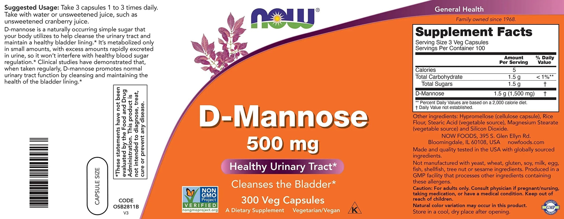 Now D-Mannose 500 mg, 300 Capsules - Vegan, Non GMO Supplement for Women and Men - Supports Healthy Urinary Tract, Cleanses The Bladder NOW Foods uk supplements
