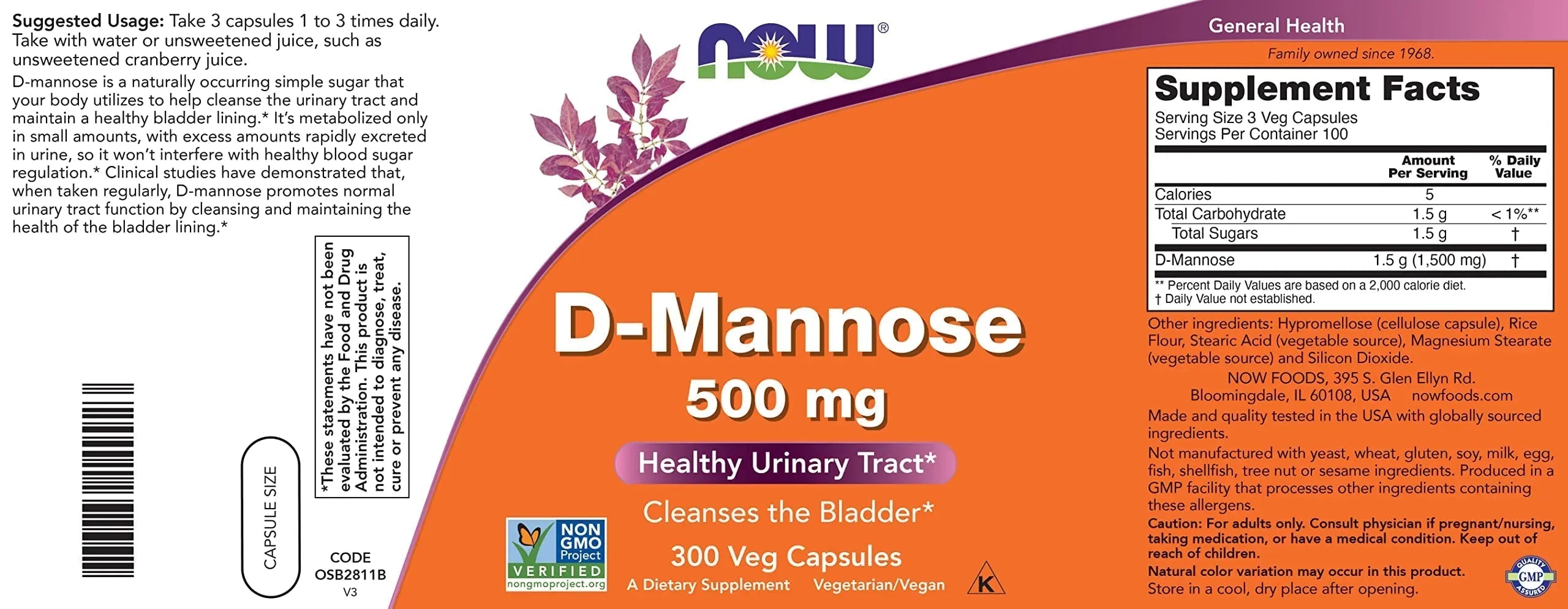 Now D-Mannose 500 mg, 300 Capsules - Vegan, Non GMO Supplement for Women and Men - Supports Healthy Urinary Tract, Cleanses The Bladder NOW Foods uk supplements