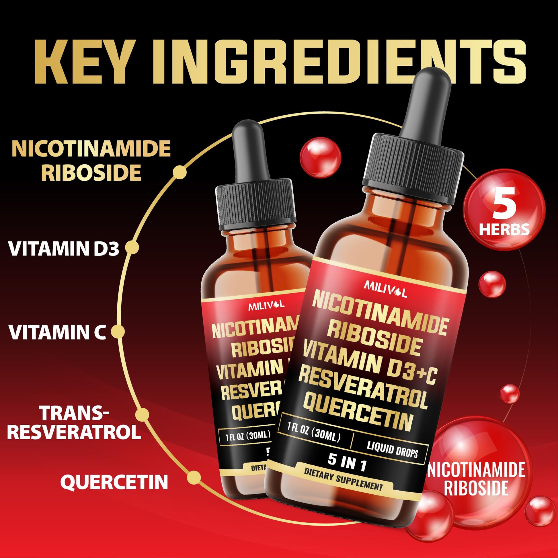 MILIVOL 5in1 NAD+ Liquid Drops w/Nicotinamide Riboside NR 900mg, Quercetin 500mg, Trans-resveratrol 500mg, Vitamin D3-C - Cellular Energy & Repair, Vitality, Healthy Aging - 1FL Oz - 1 Month Supply MILIVOL uk supplements